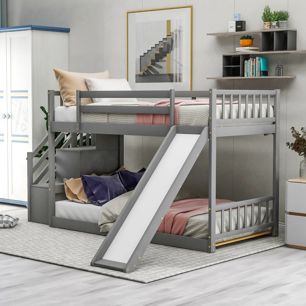 White Twin Over Twin Bunk Bed With Stairway And Slide By Homeroots - Image 10