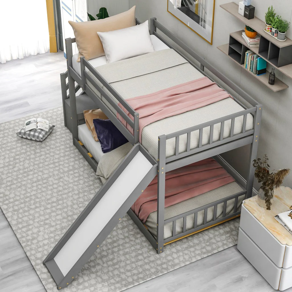 White Twin Over Twin Bunk Bed With Stairway And Slide By Homeroots - Image 11
