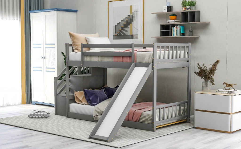 White Twin Over Twin Bunk Bed With Stairway And Slide By Homeroots - Image 12