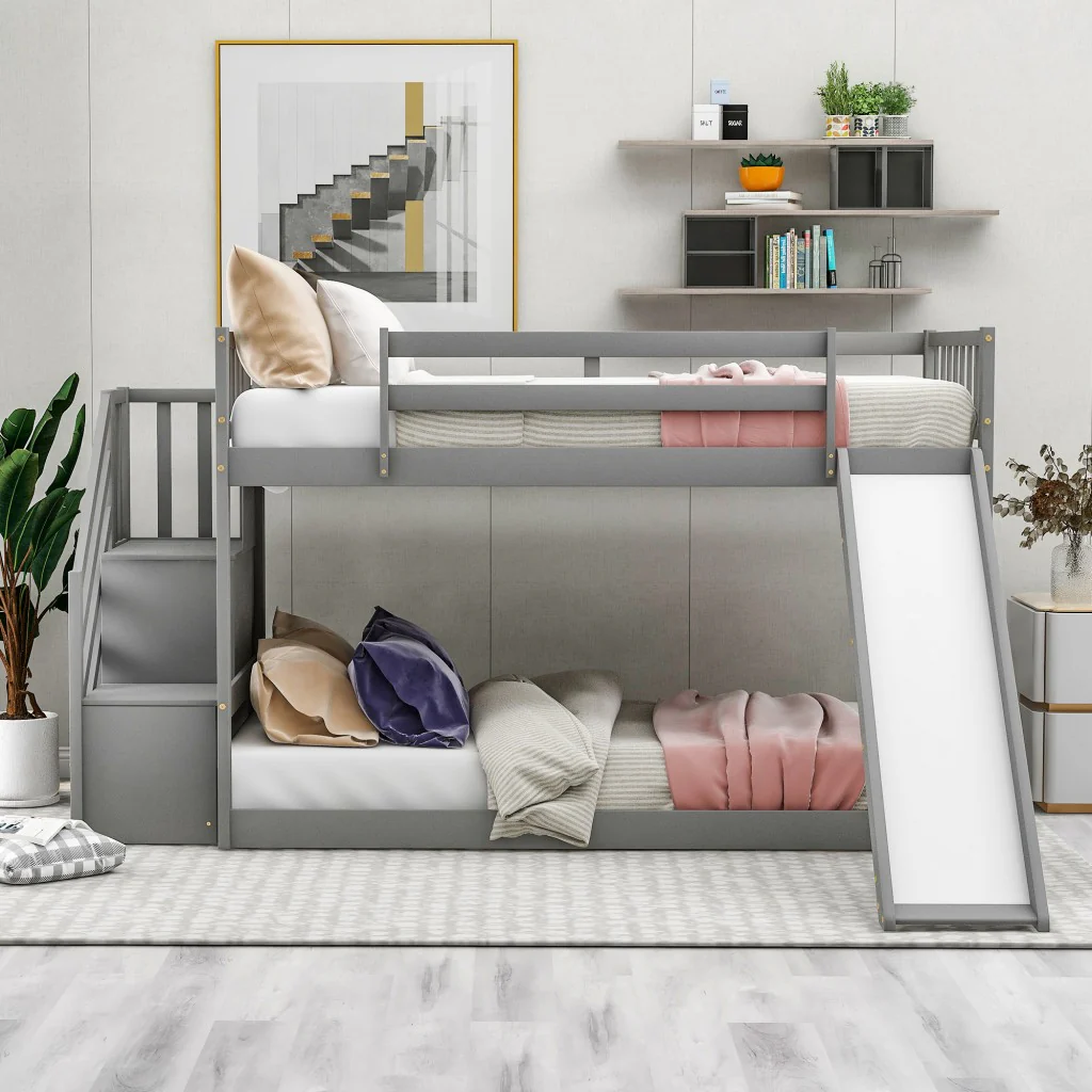 White Twin Over Twin Bunk Bed With Stairway And Slide By Homeroots - Image 13