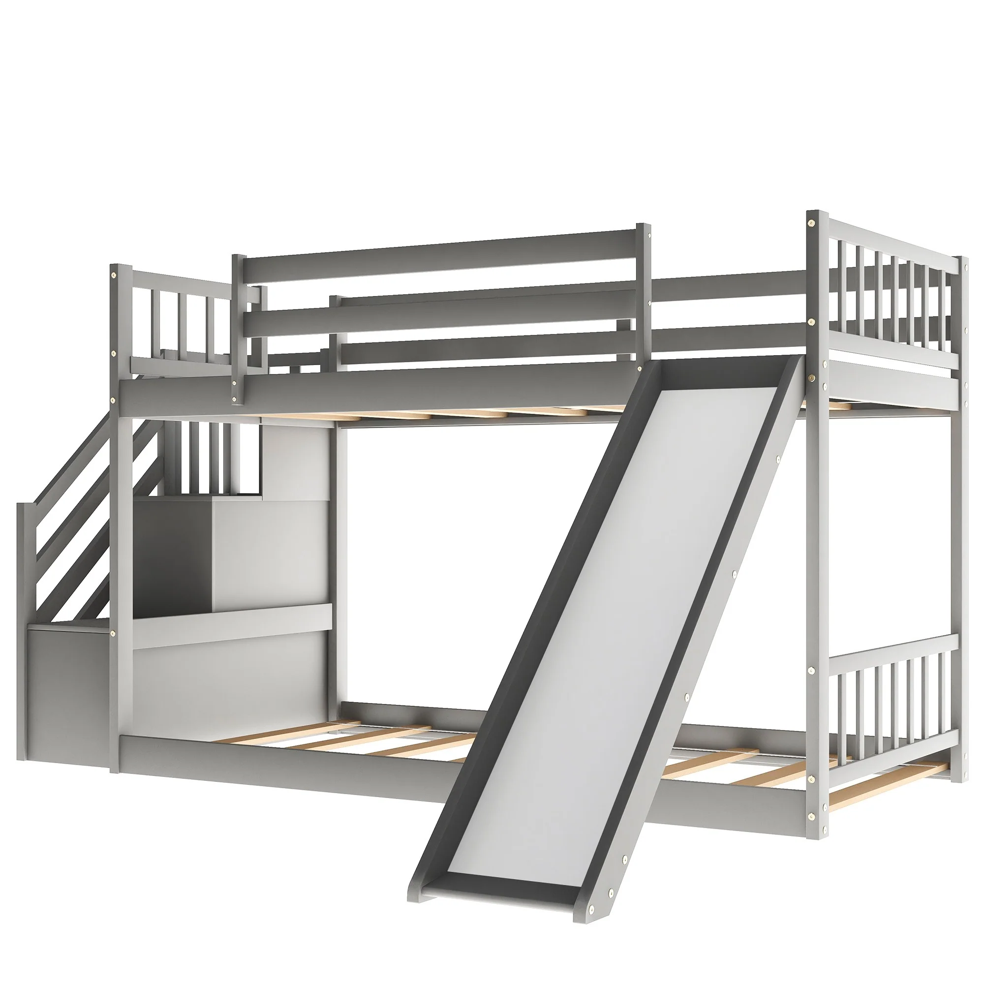 White Twin Over Twin Bunk Bed With Stairway And Slide By Homeroots - Image 18