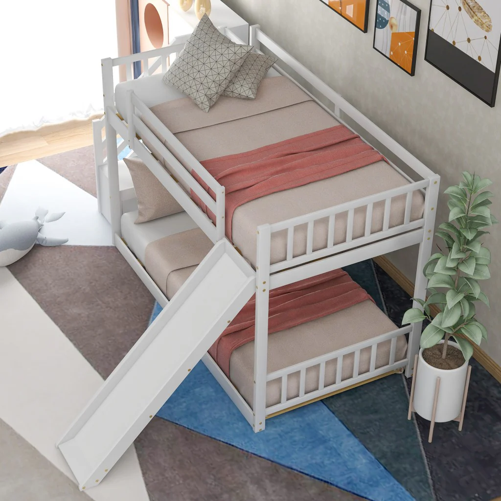White Twin Over Twin Bunk Bed With Stairway And Slide By Homeroots - Image 2