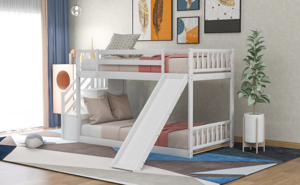 White Twin Over Twin Bunk Bed With Stairway And Slide By Homeroots - Image 3