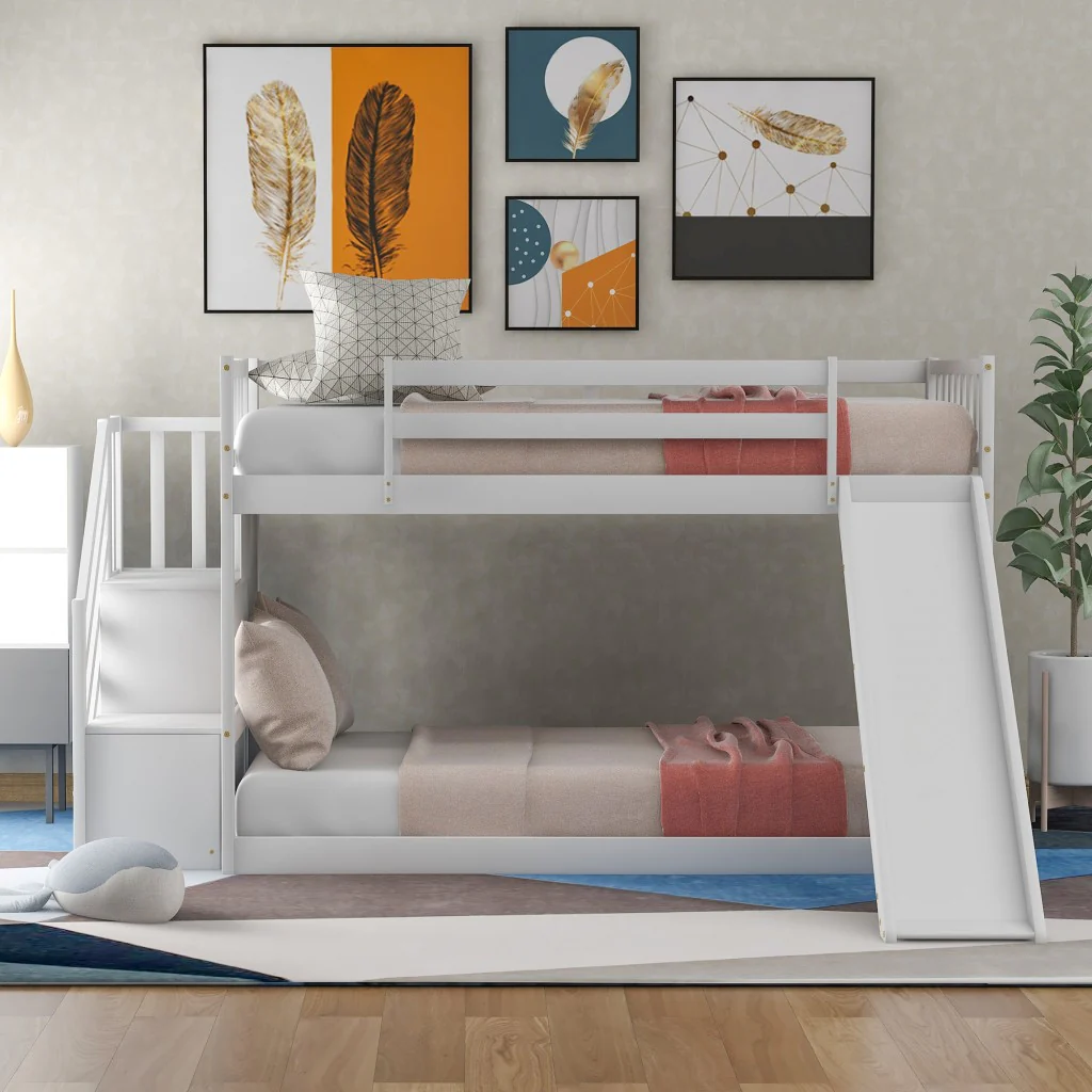 White Twin Over Twin Bunk Bed With Stairway And Slide By Homeroots - Image 4