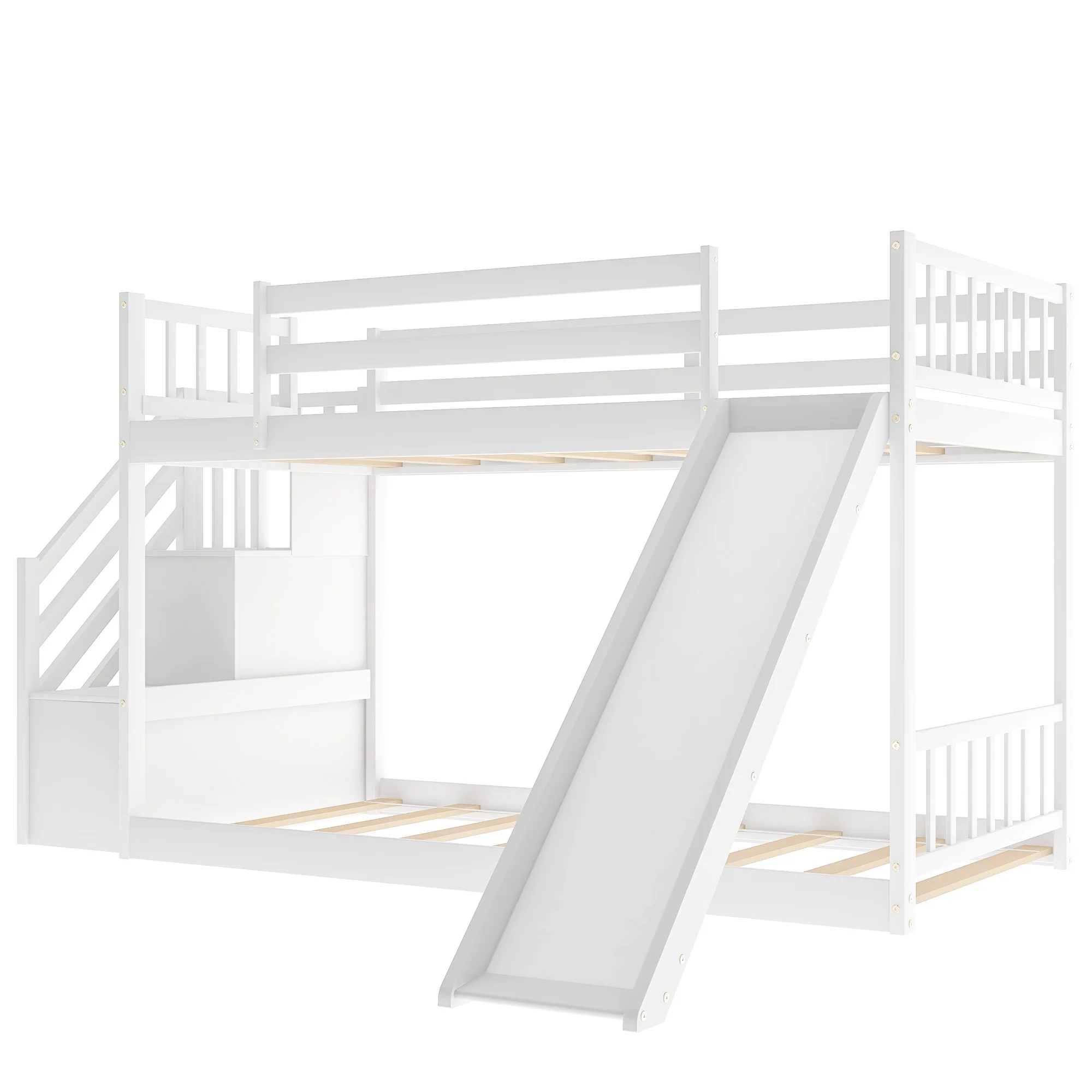 White Twin Over Twin Bunk Bed With Stairway And Slide By Homeroots - Image 6