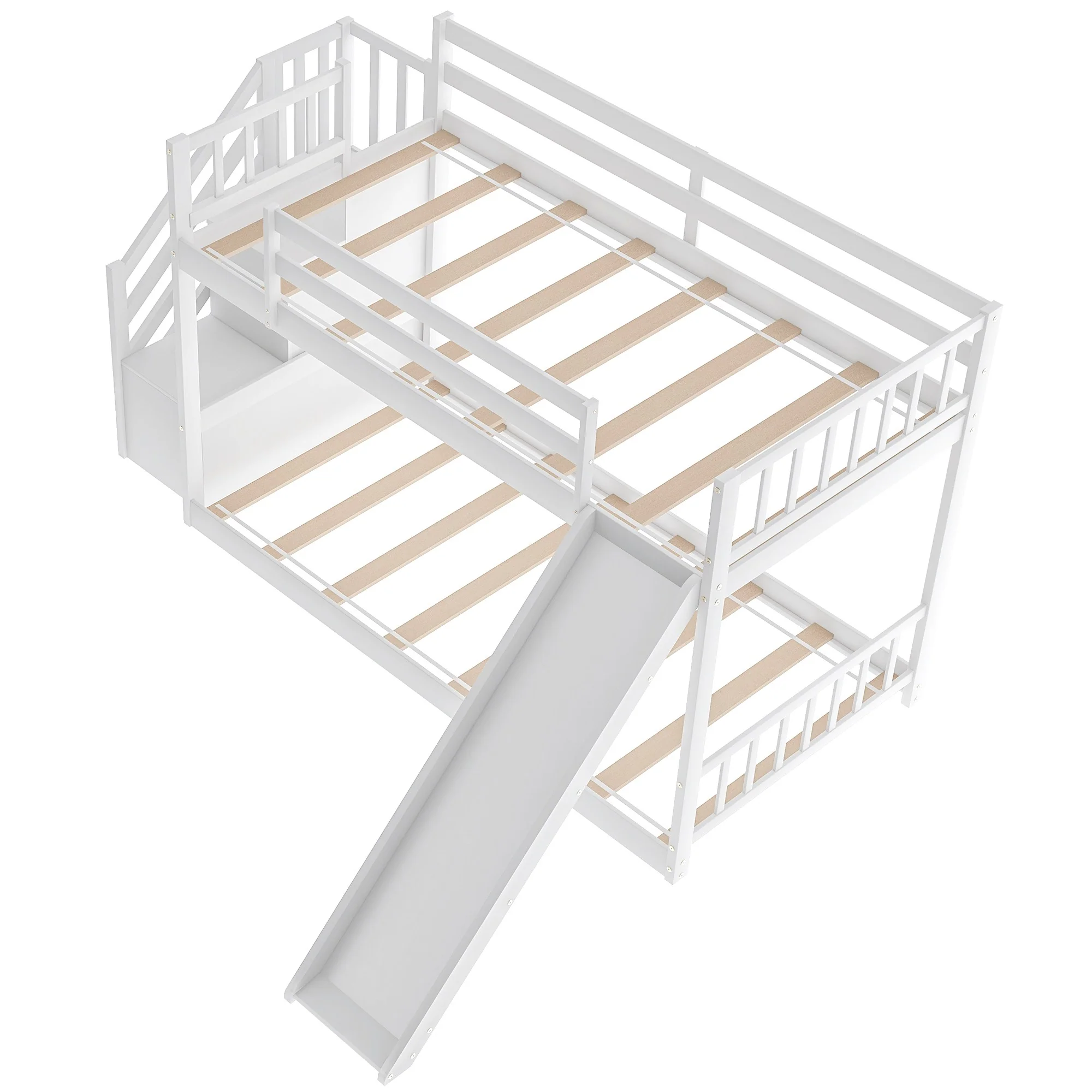 White Twin Over Twin Bunk Bed With Stairway And Slide By Homeroots - Image 7