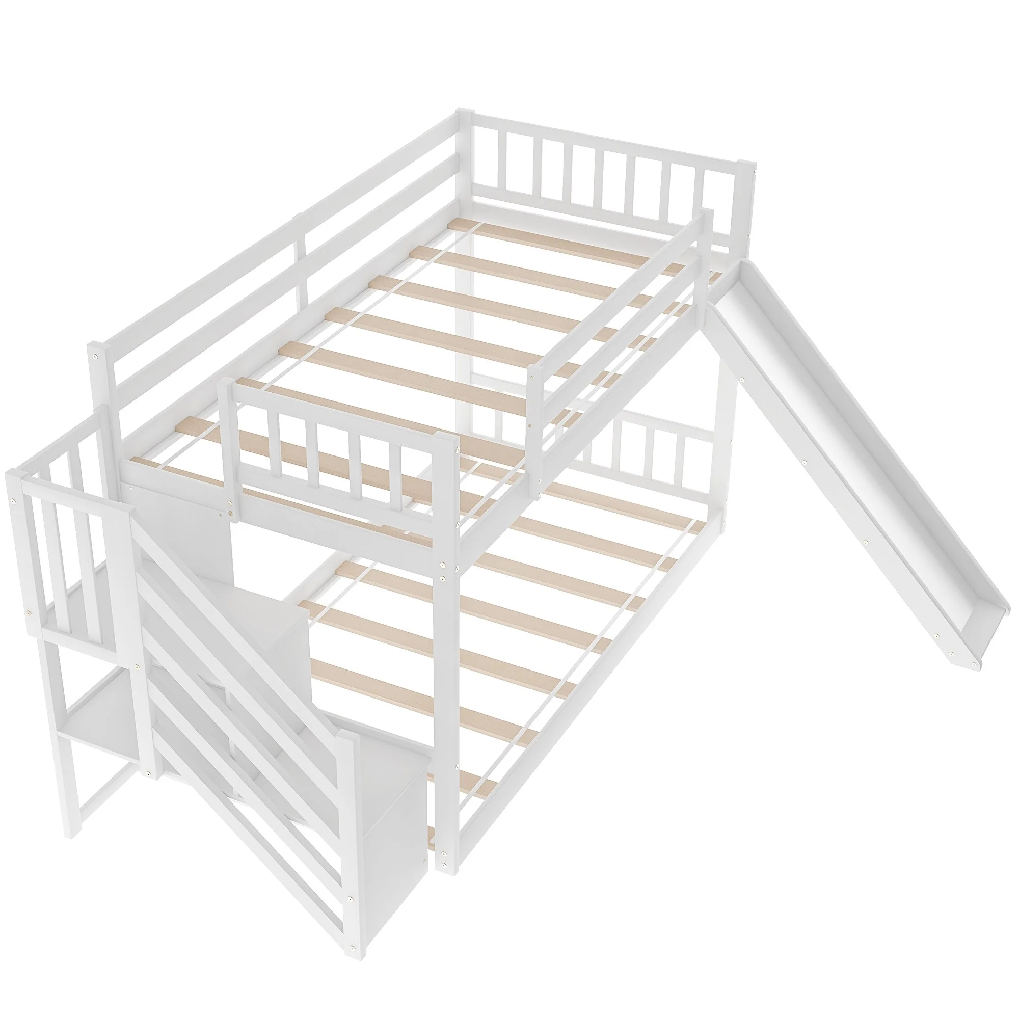 White Twin Over Twin Bunk Bed With Stairway And Slide By Homeroots - Image 9