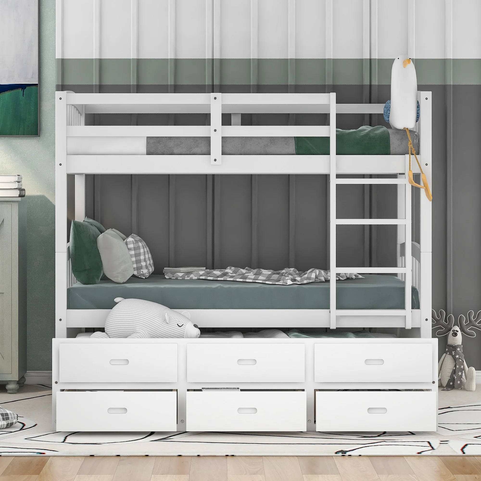 White Twin Over Twin Bunk Bed With Trundle And Drawers By Homeroots - Image 2
