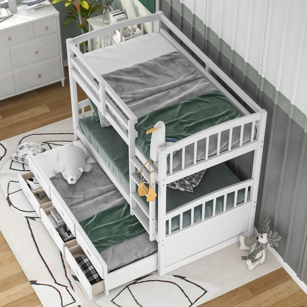 White Twin Over Twin Bunk Bed With Trundle And Drawers By Homeroots - Image 3