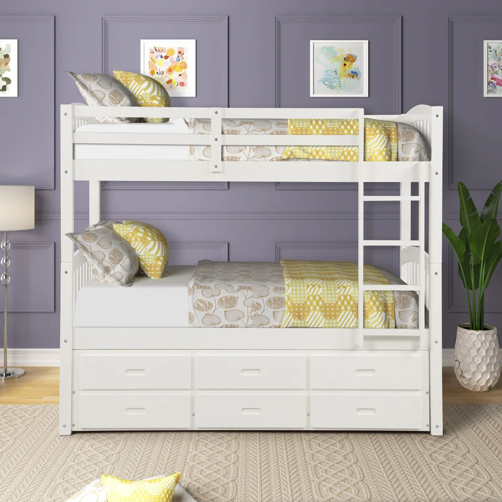 White Twin Over Twin Bunk Bed With Trundle And Drawers By Homeroots - Image 4