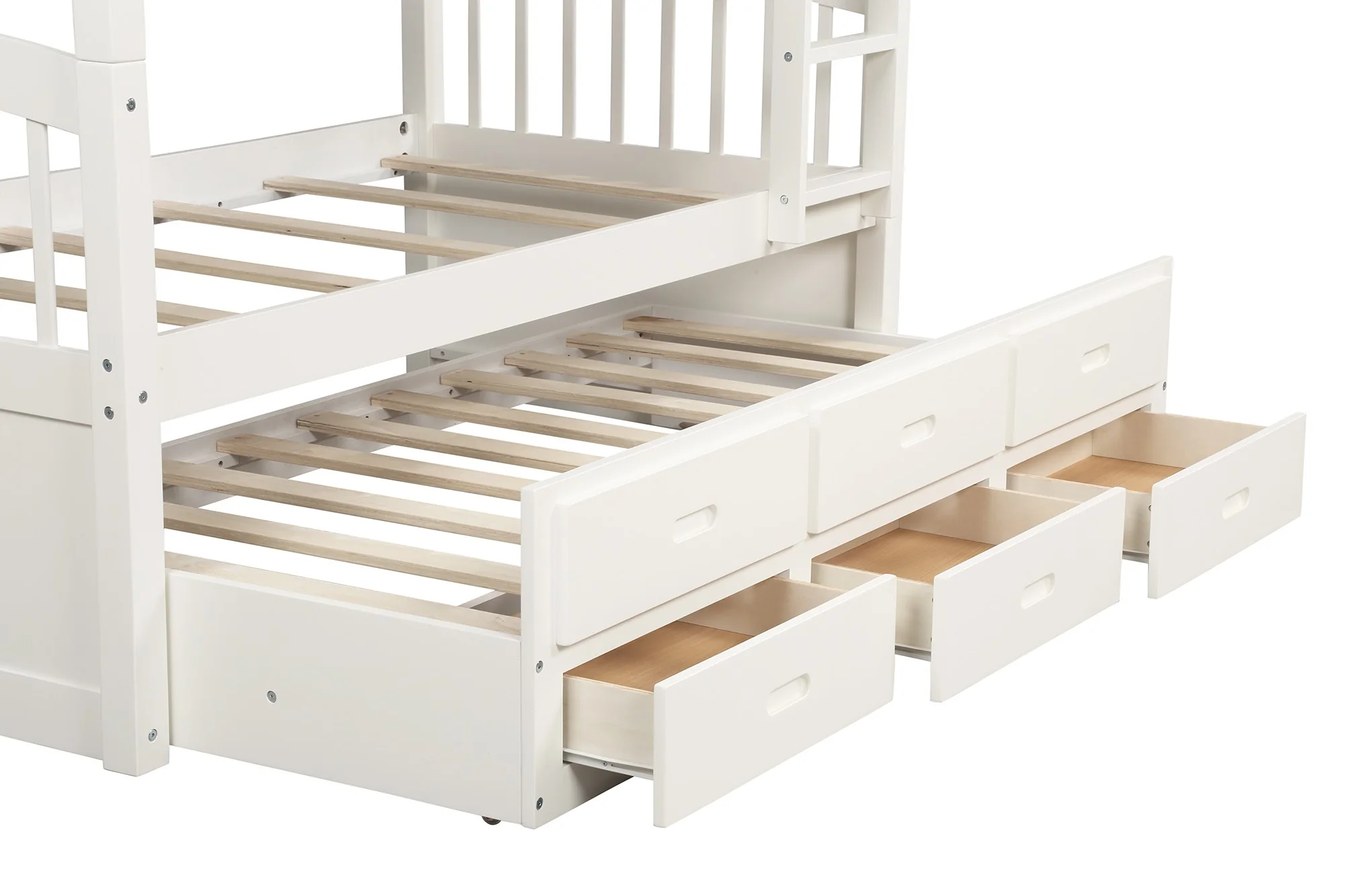 White Twin Over Twin Bunk Bed With Trundle And Drawers By Homeroots - Image 8