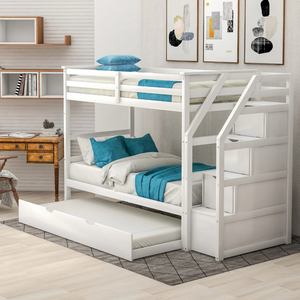 White Twin Over Twin Bunk Bed With Trundle By Homeroots - Image 2