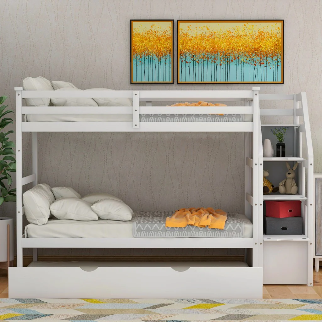 White Twin Over Twin Bunk Bed With Trundle By Homeroots - Image 3