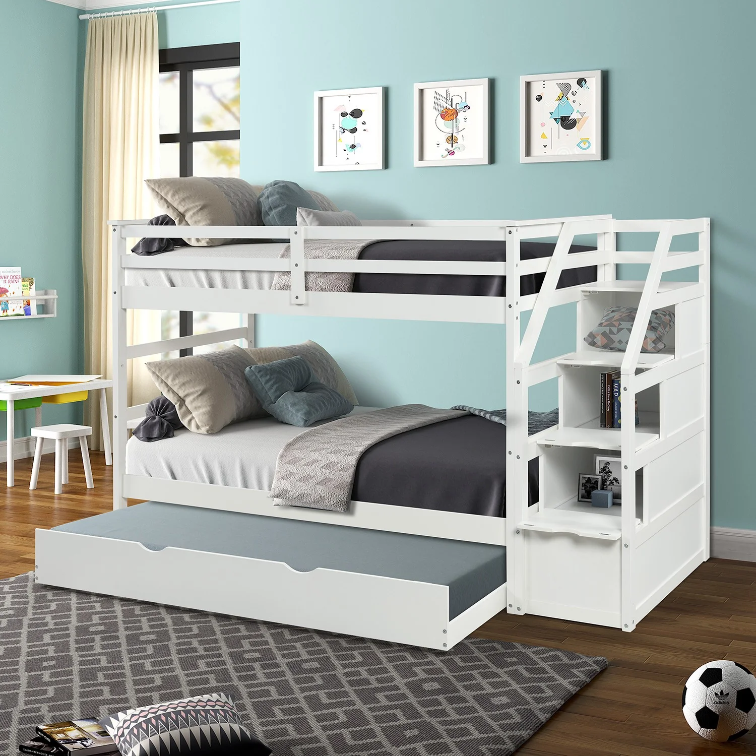 White Twin Over Twin Bunk Bed With Trundle By Homeroots - Image 4