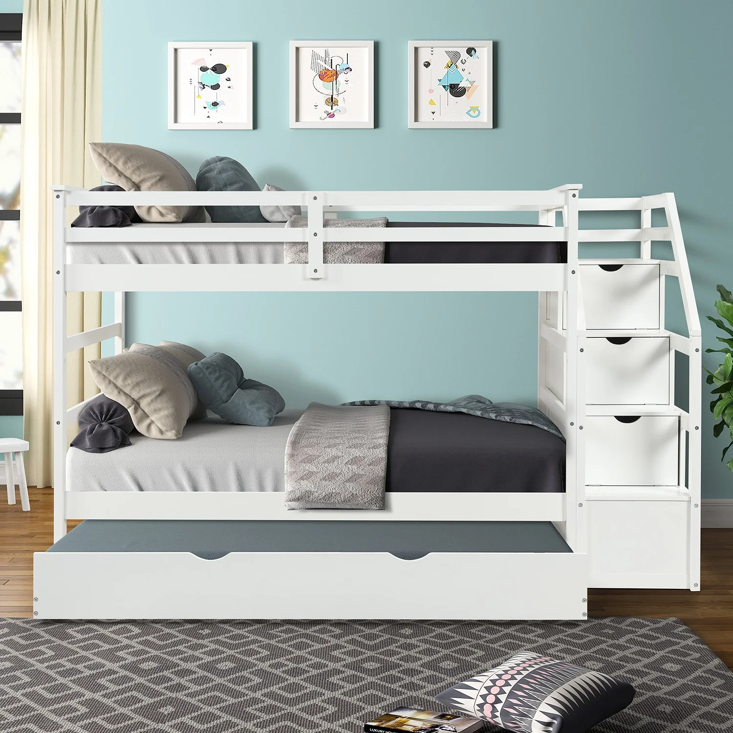 White Twin Over Twin Bunk Bed With Trundle By Homeroots - Image 5