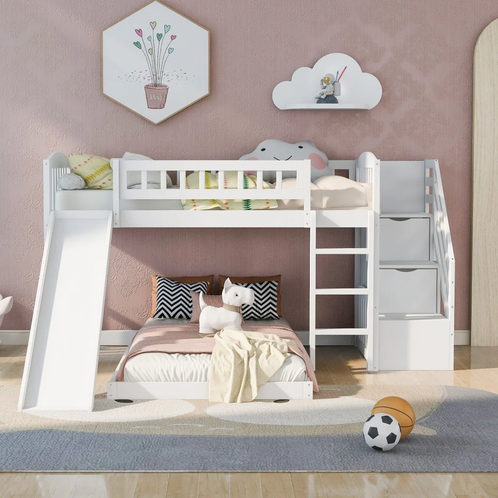 White Twin Over Twin Perpendicular Bunk Bed With Storage Stairs And Slide By Homeroots - Image 2