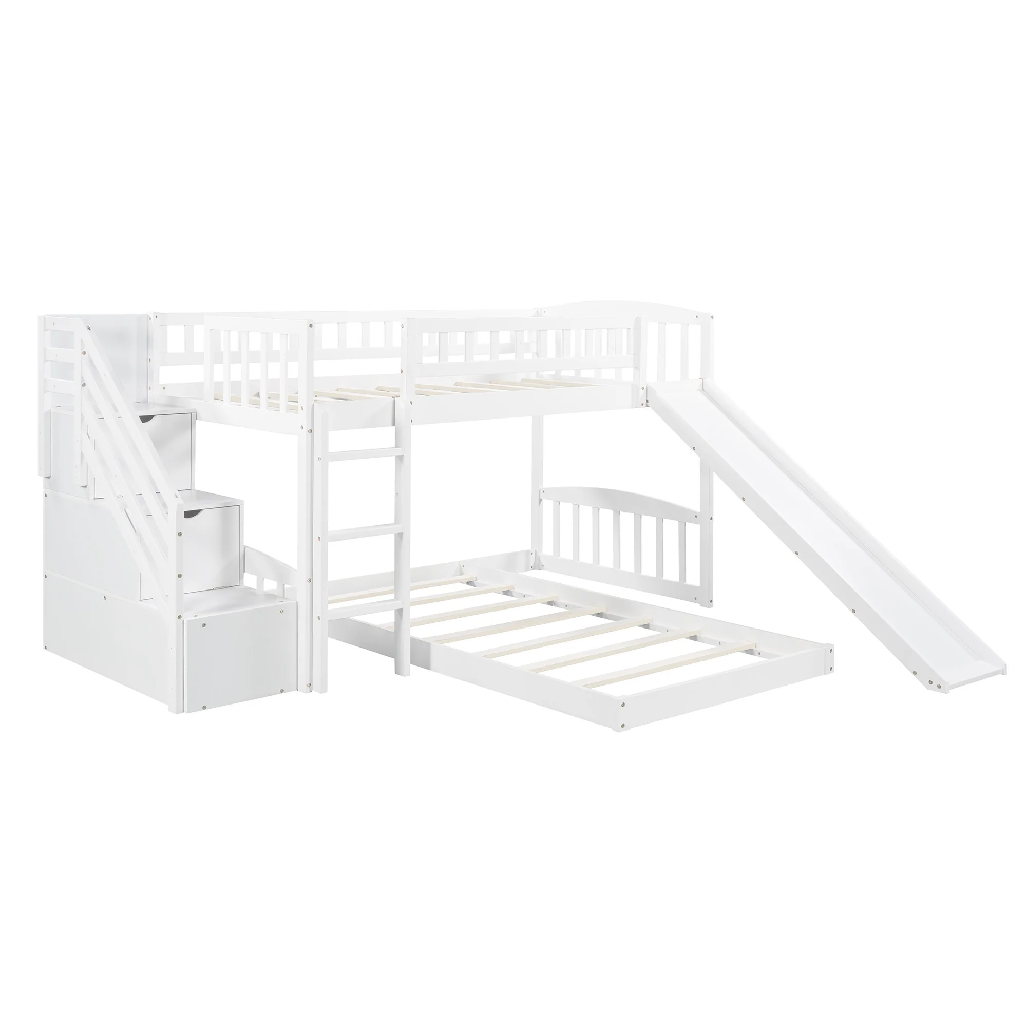 White Twin Over Twin Perpendicular Bunk Bed With Storage Stairs And Slide By Homeroots - Image 3