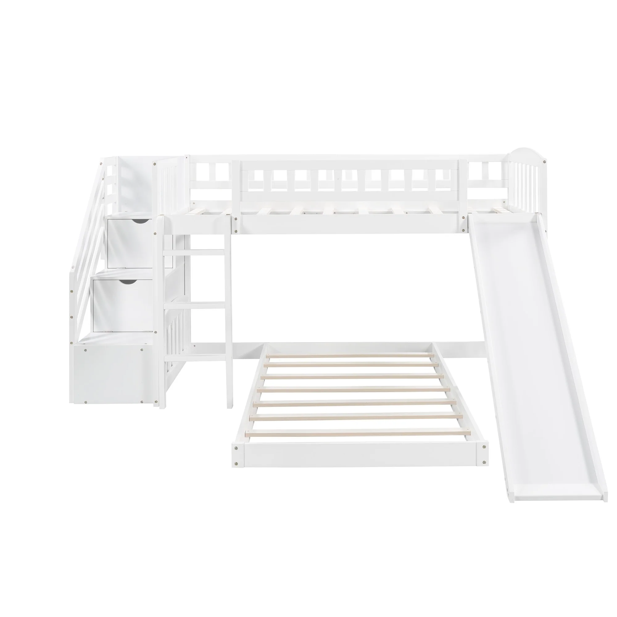 White Twin Over Twin Perpendicular Bunk Bed With Storage Stairs And Slide By Homeroots - Image 4