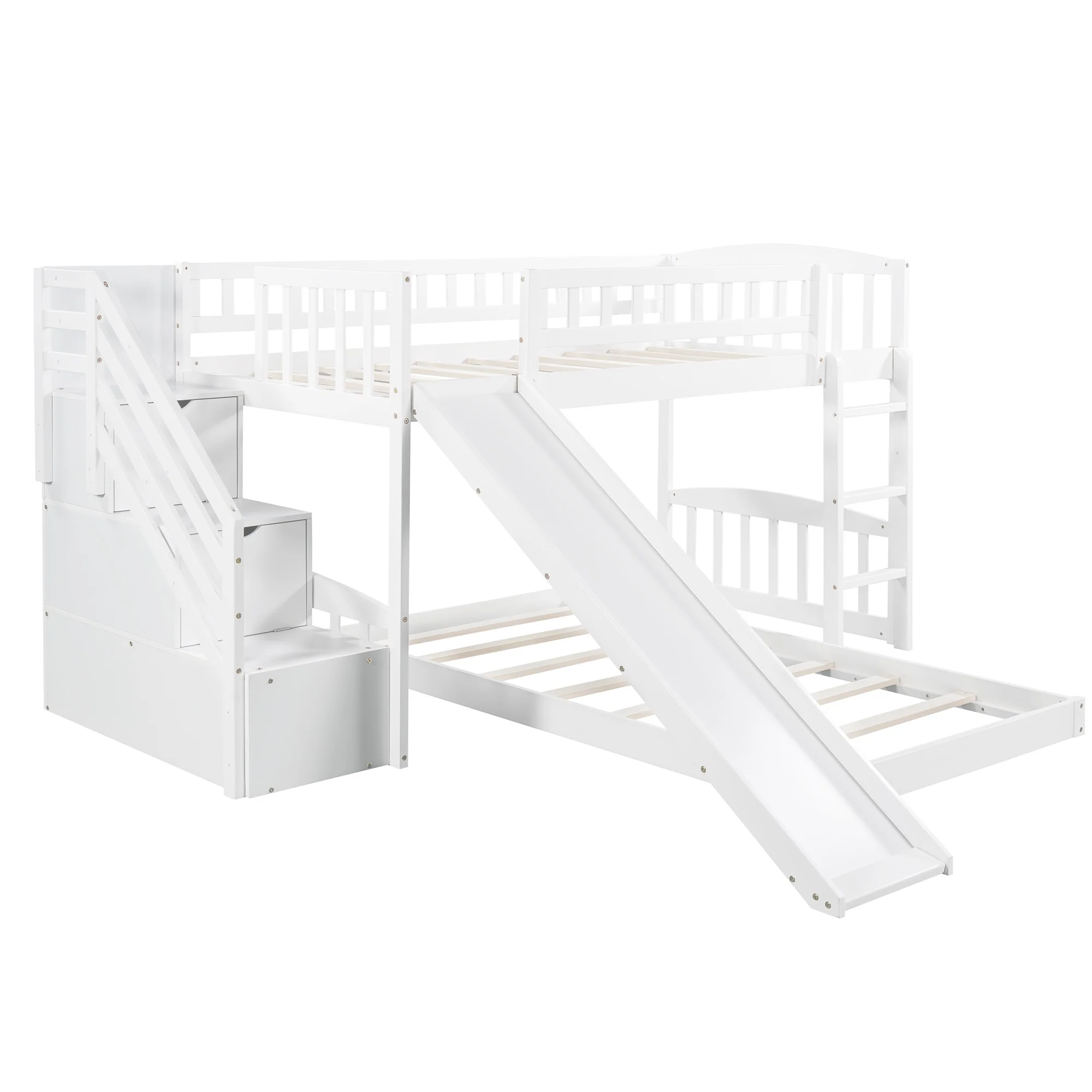 White Twin Over Twin Perpendicular Bunk Bed With Storage Stairs And Slide By Homeroots - Image 5