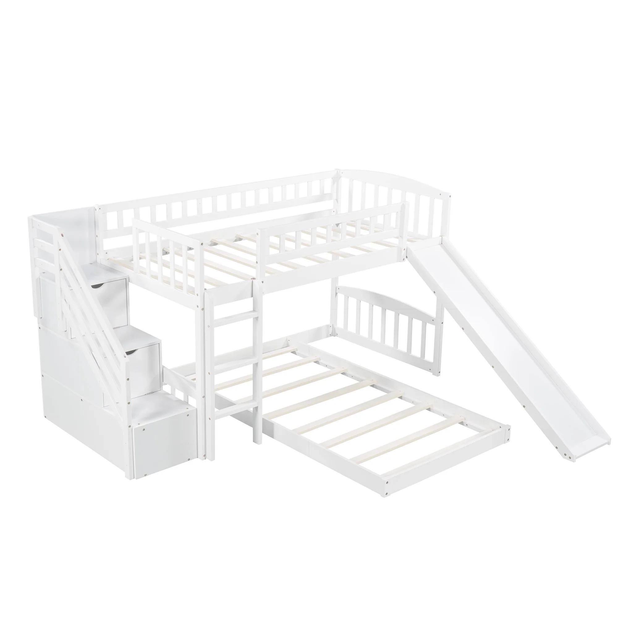 White Twin Over Twin Perpendicular Bunk Bed With Storage Stairs And Slide By Homeroots - Image 6