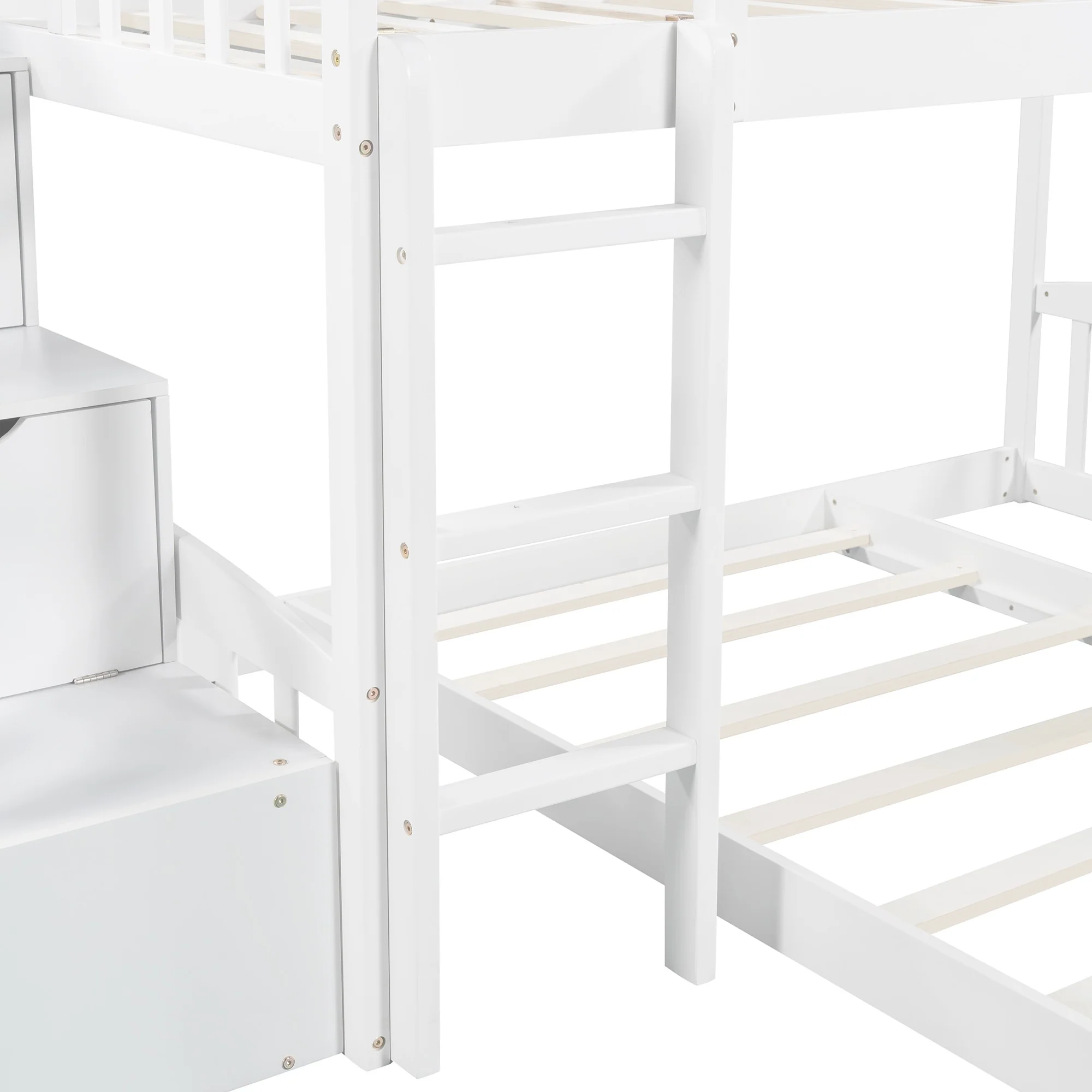 White Twin Over Twin Perpendicular Bunk Bed With Storage Stairs And Slide By Homeroots - Image 7
