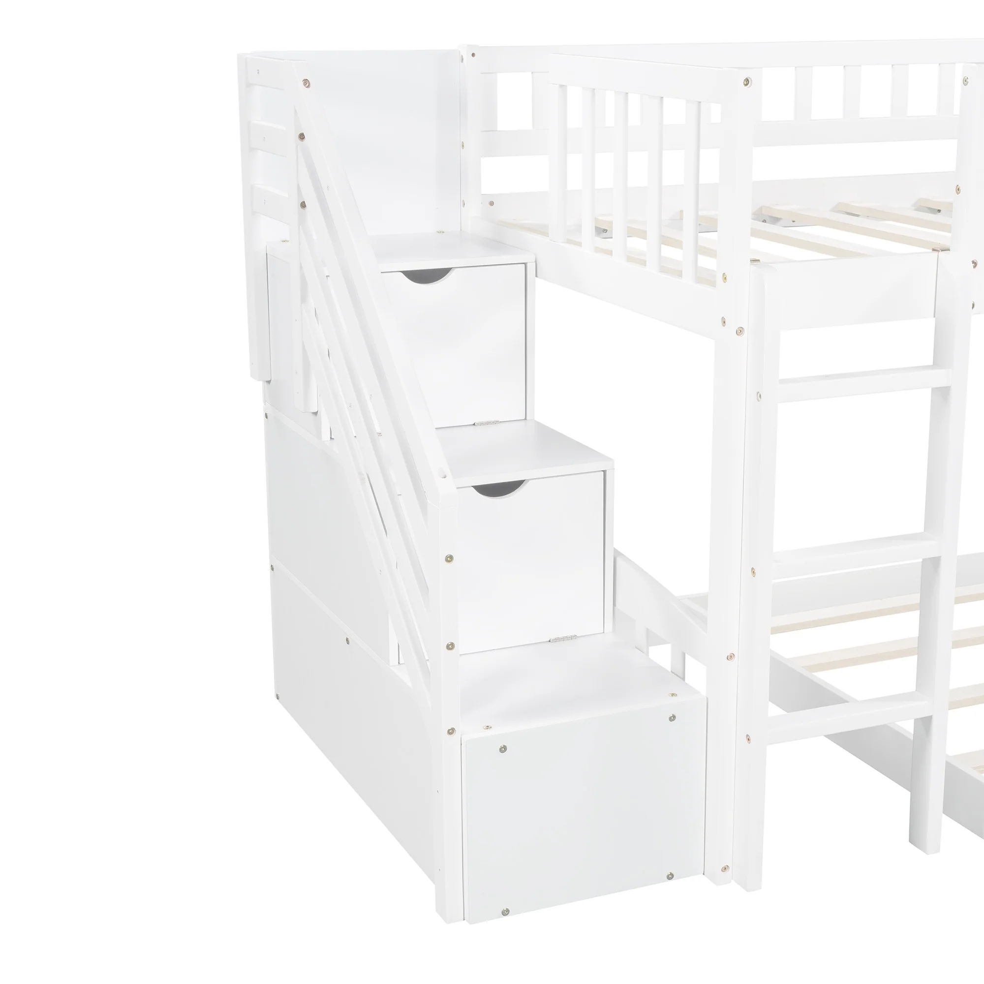White Twin Over Twin Perpendicular Bunk Bed With Storage Stairs And Slide By Homeroots - Image 9