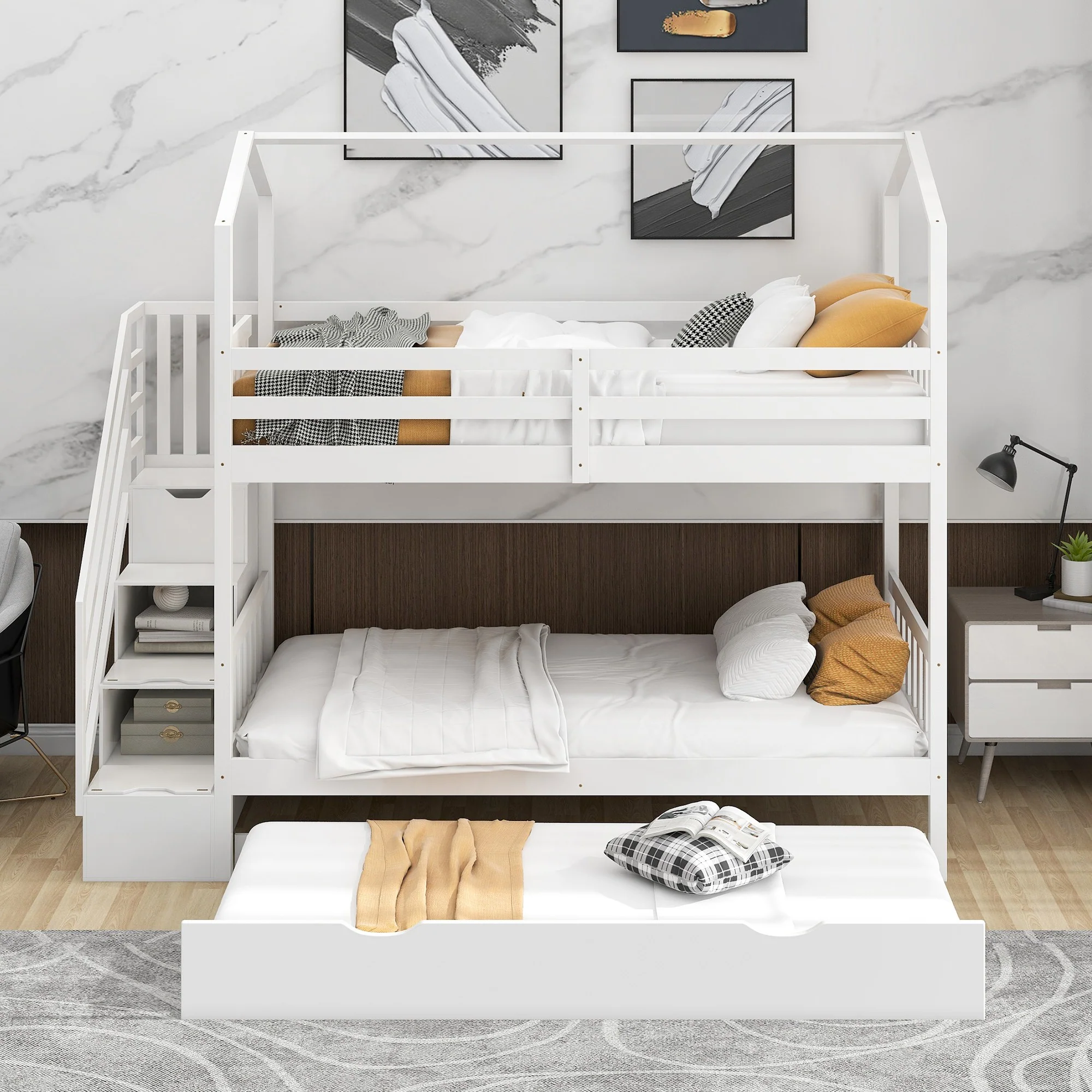 White Twin Over Twin Playhouse Bunk Bed With Trundle And Staircase By Homeroots - Image 2
