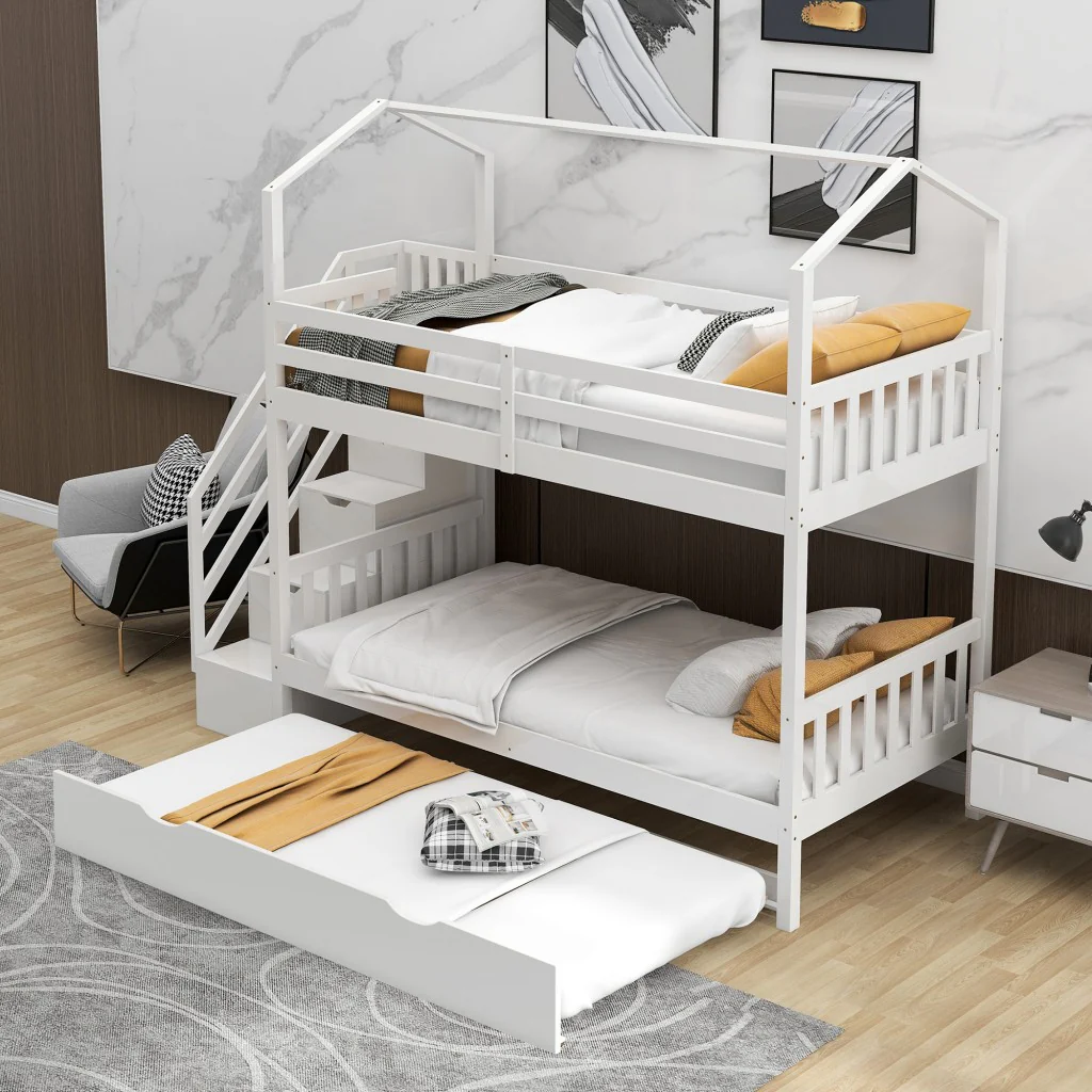 White Twin Over Twin Playhouse Bunk Bed With Trundle And Staircase By Homeroots - Image 3