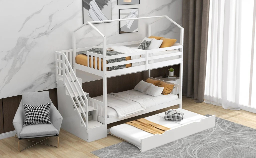 White Twin Over Twin Playhouse Bunk Bed With Trundle And Staircase By Homeroots - Image 4