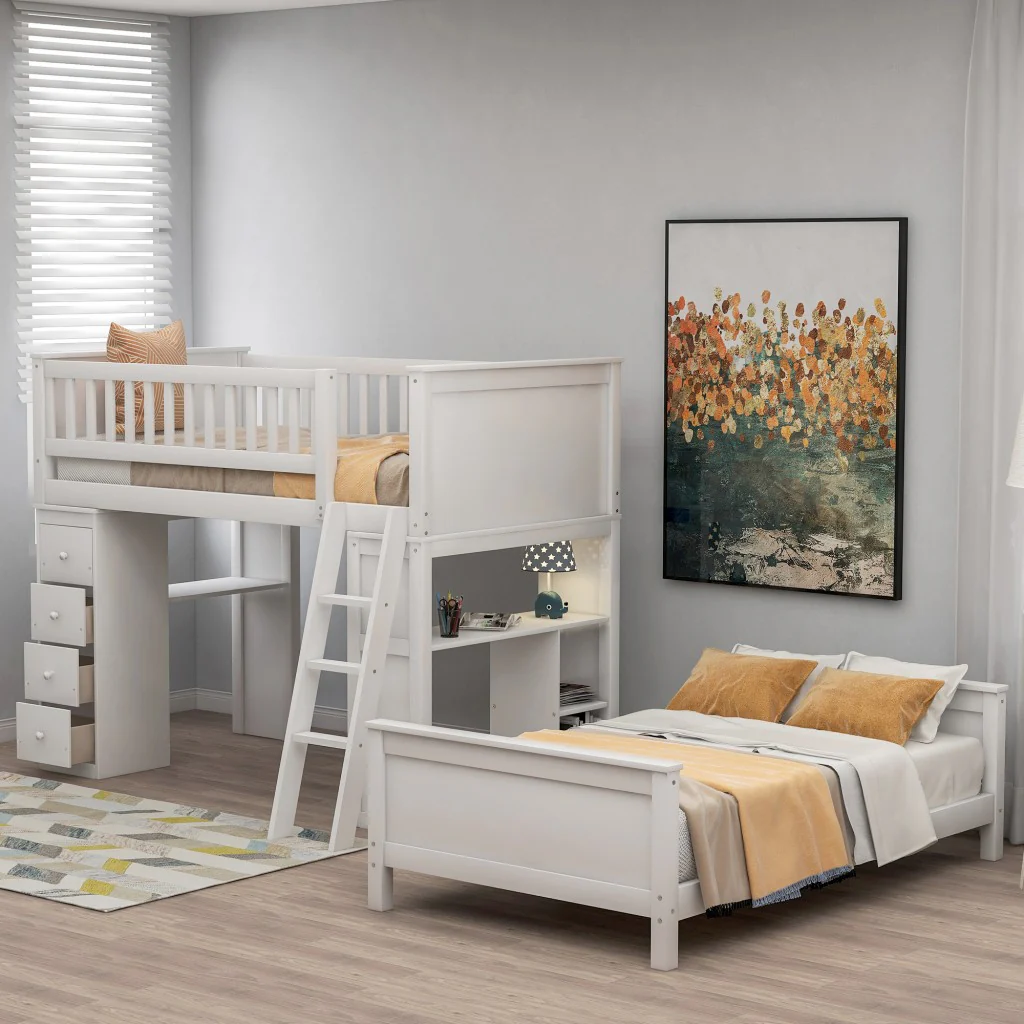 White Twin Over Twin Size Bed With Shelves And Drawers By Homeroots - Image 2