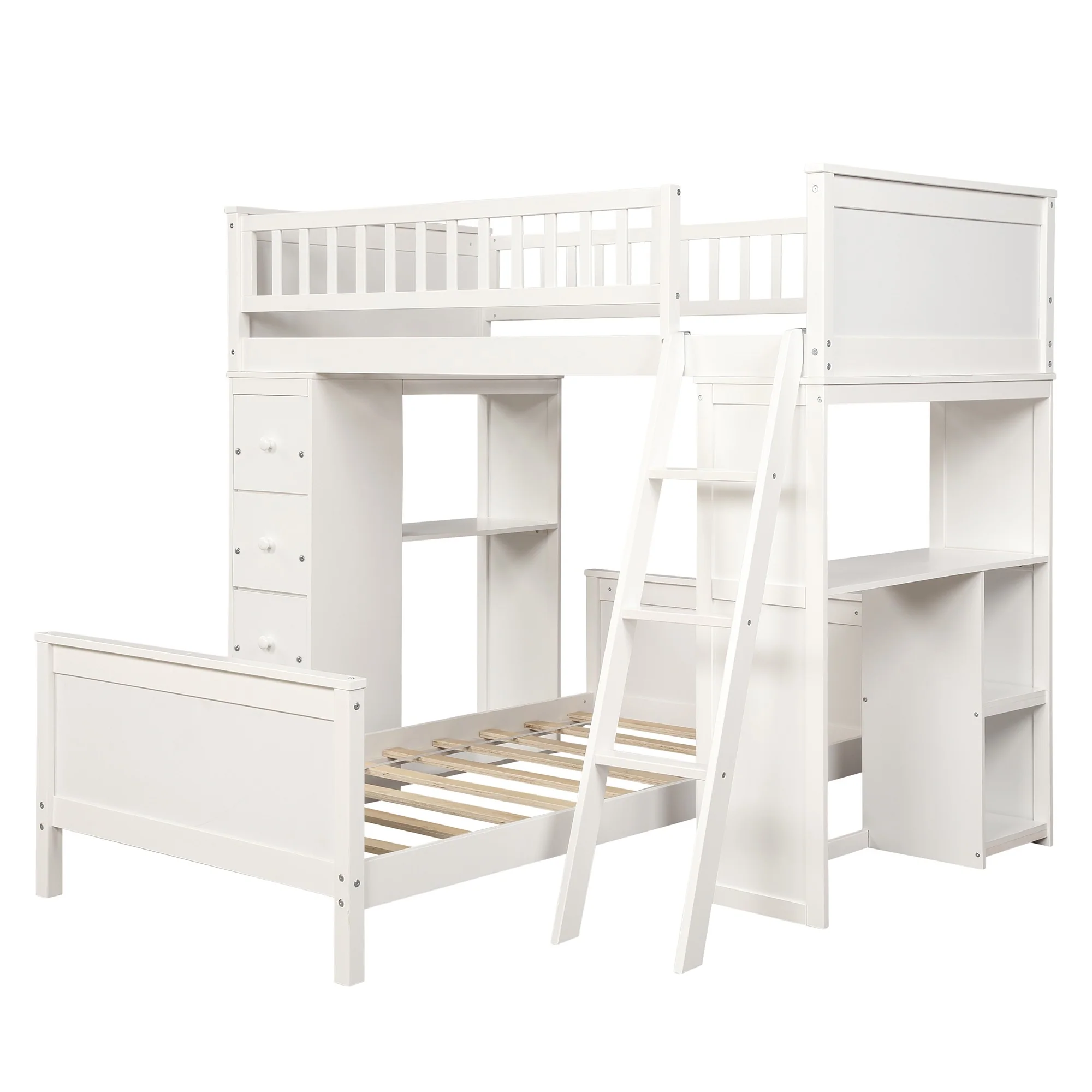 White Twin Over Twin Size Bed With Shelves And Drawers By Homeroots - Image 3