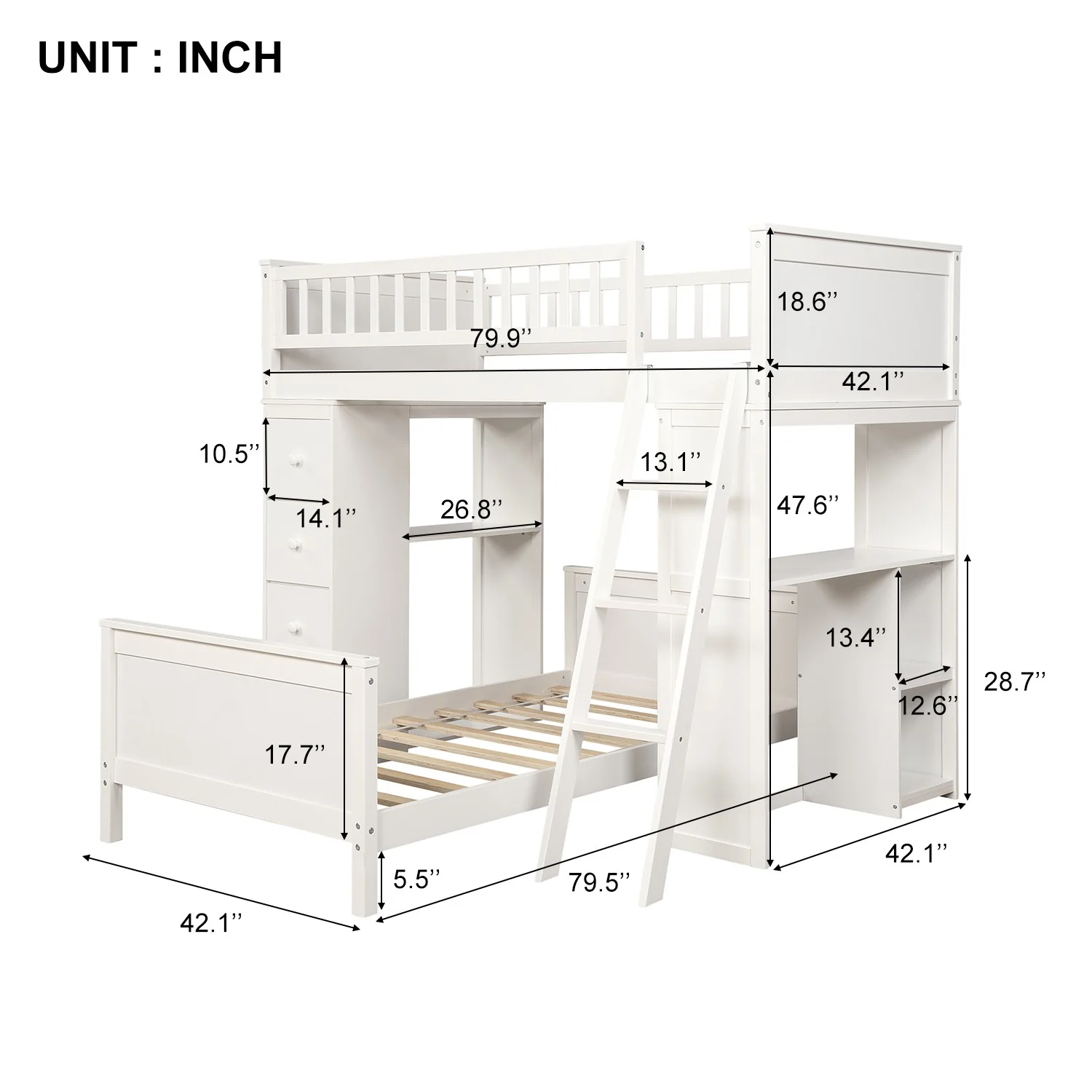 White Twin Over Twin Size Bed With Shelves And Drawers By Homeroots - Image 6