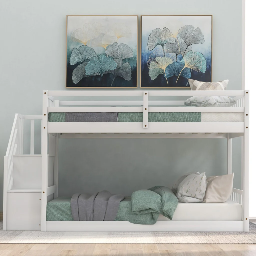 White Twin Over Twin Staircase Bunk Bed By Homeroots - Image 2