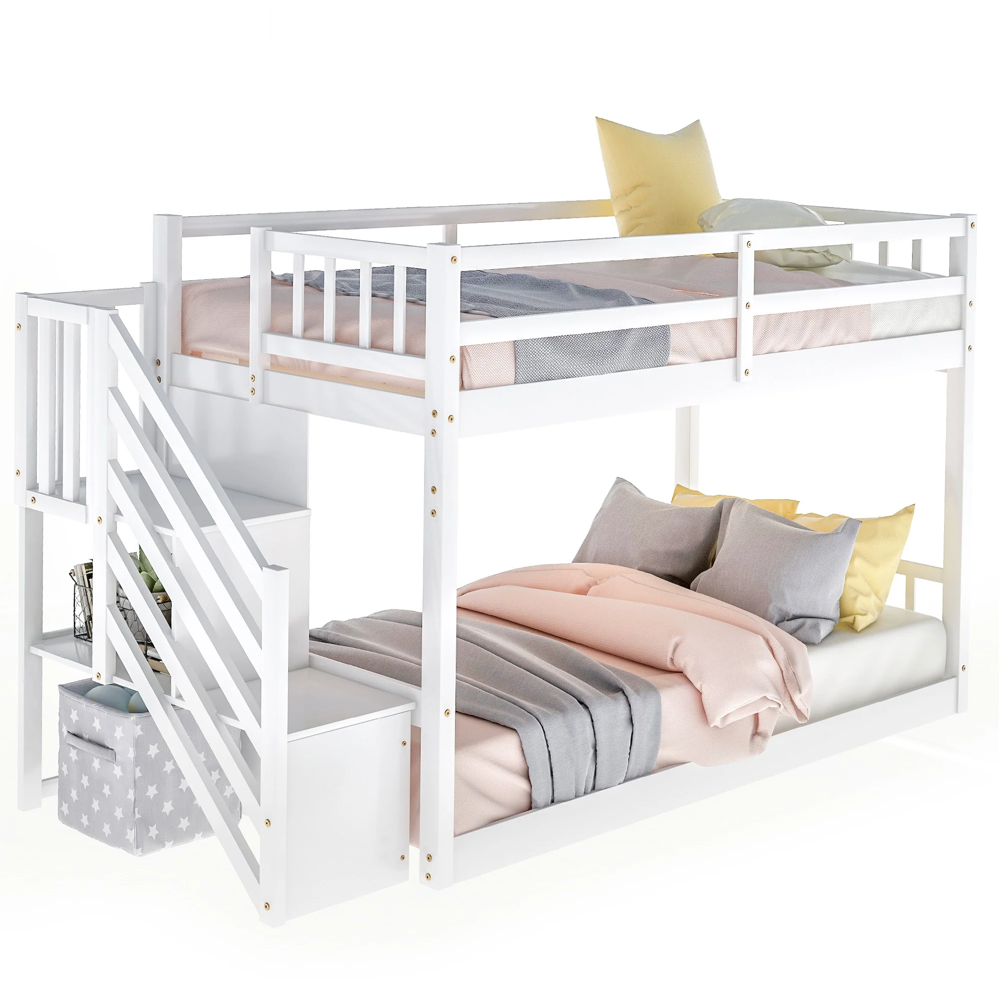 White Twin Over Twin Staircase Bunk Bed By Homeroots - Image 5