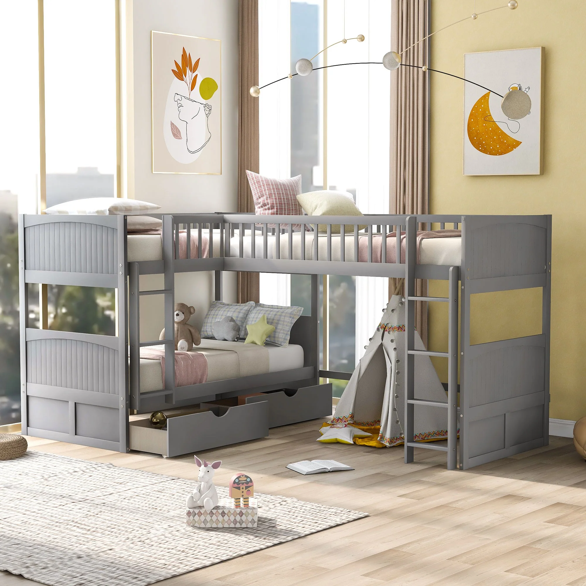 White Twin Size Bunk Bed With Attached Loft Bed And Drawers By Homeroots - Image 10
