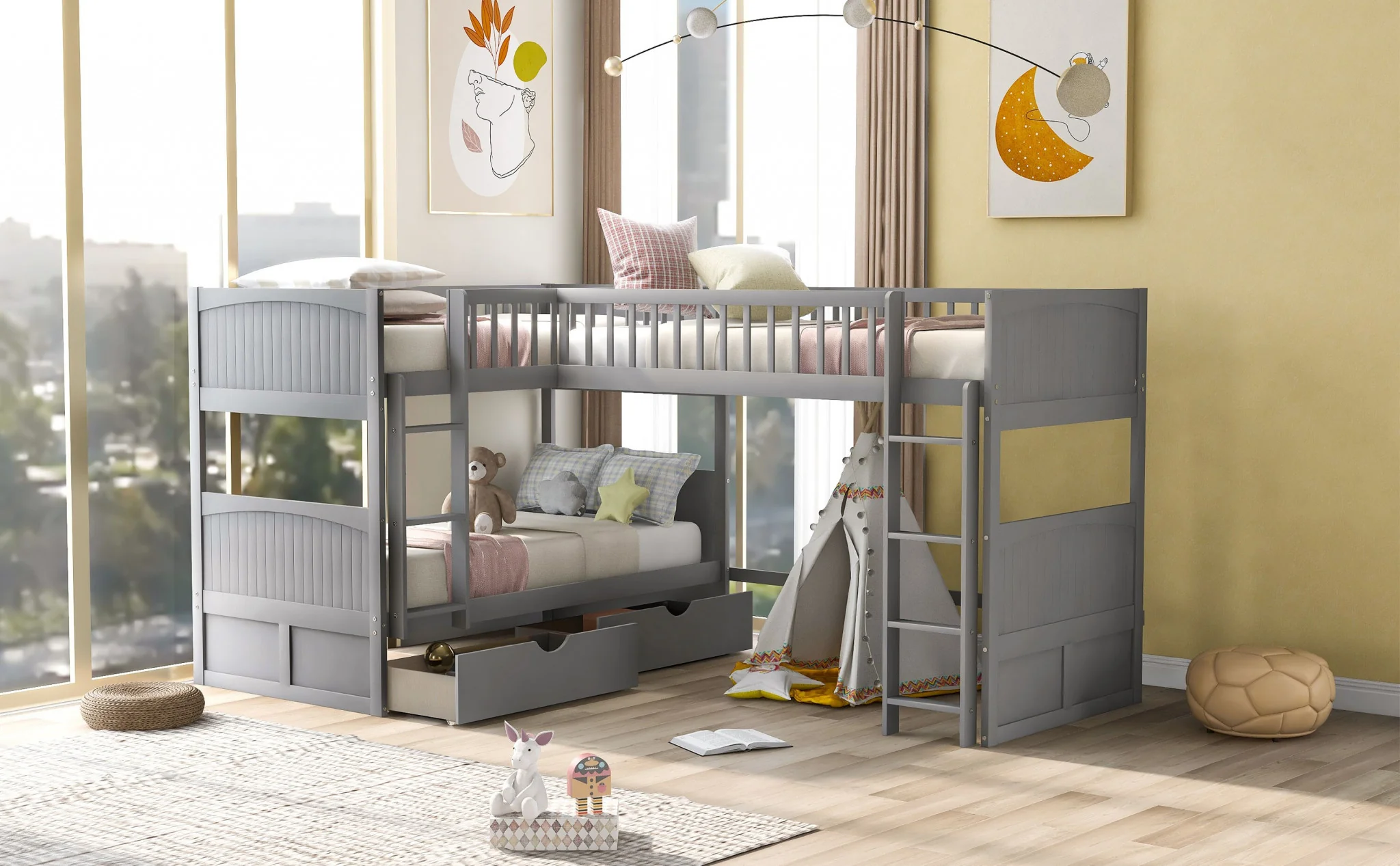 White Twin Size Bunk Bed With Attached Loft Bed And Drawers By Homeroots - Image 11