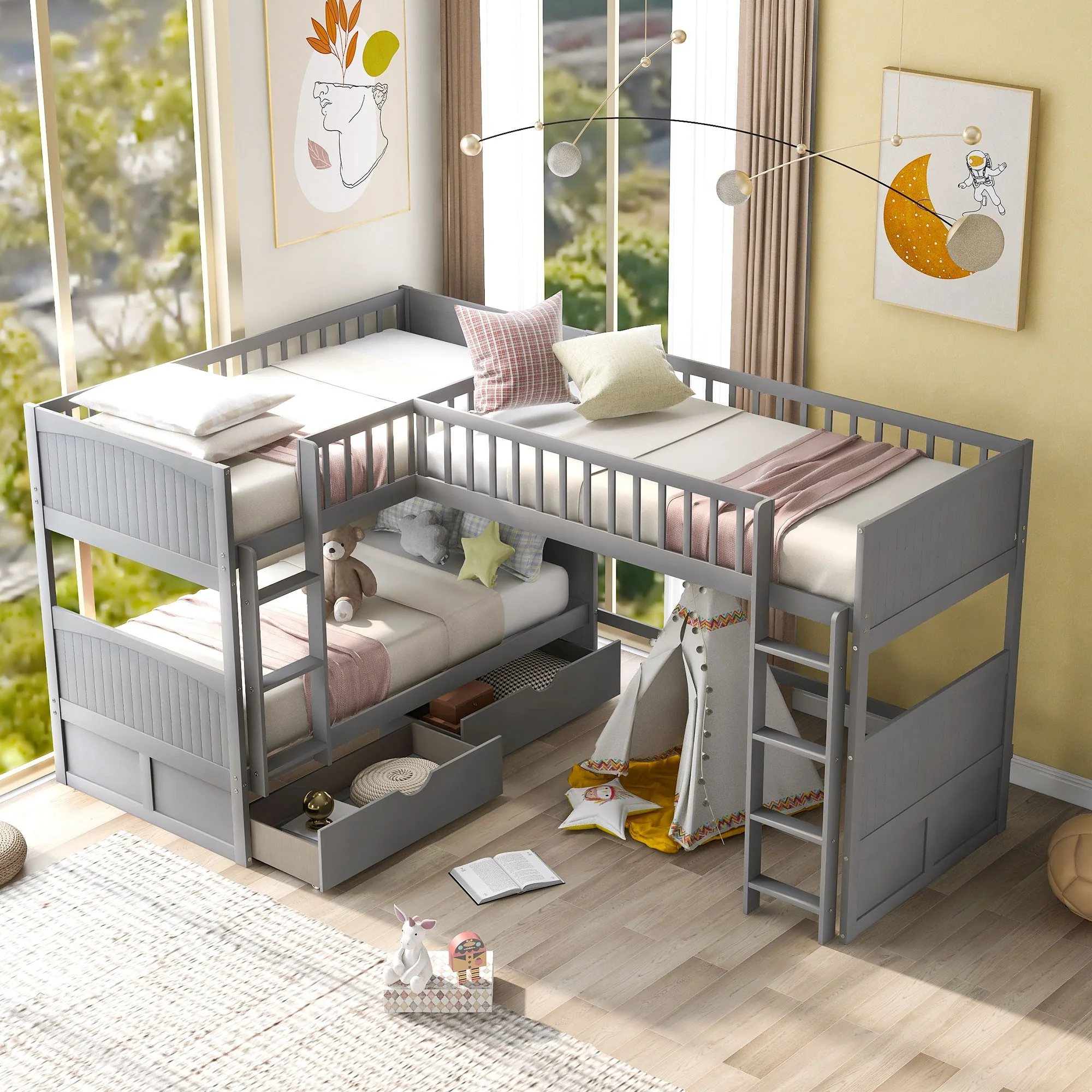 White Twin Size Bunk Bed With Attached Loft Bed And Drawers By Homeroots - Image 12