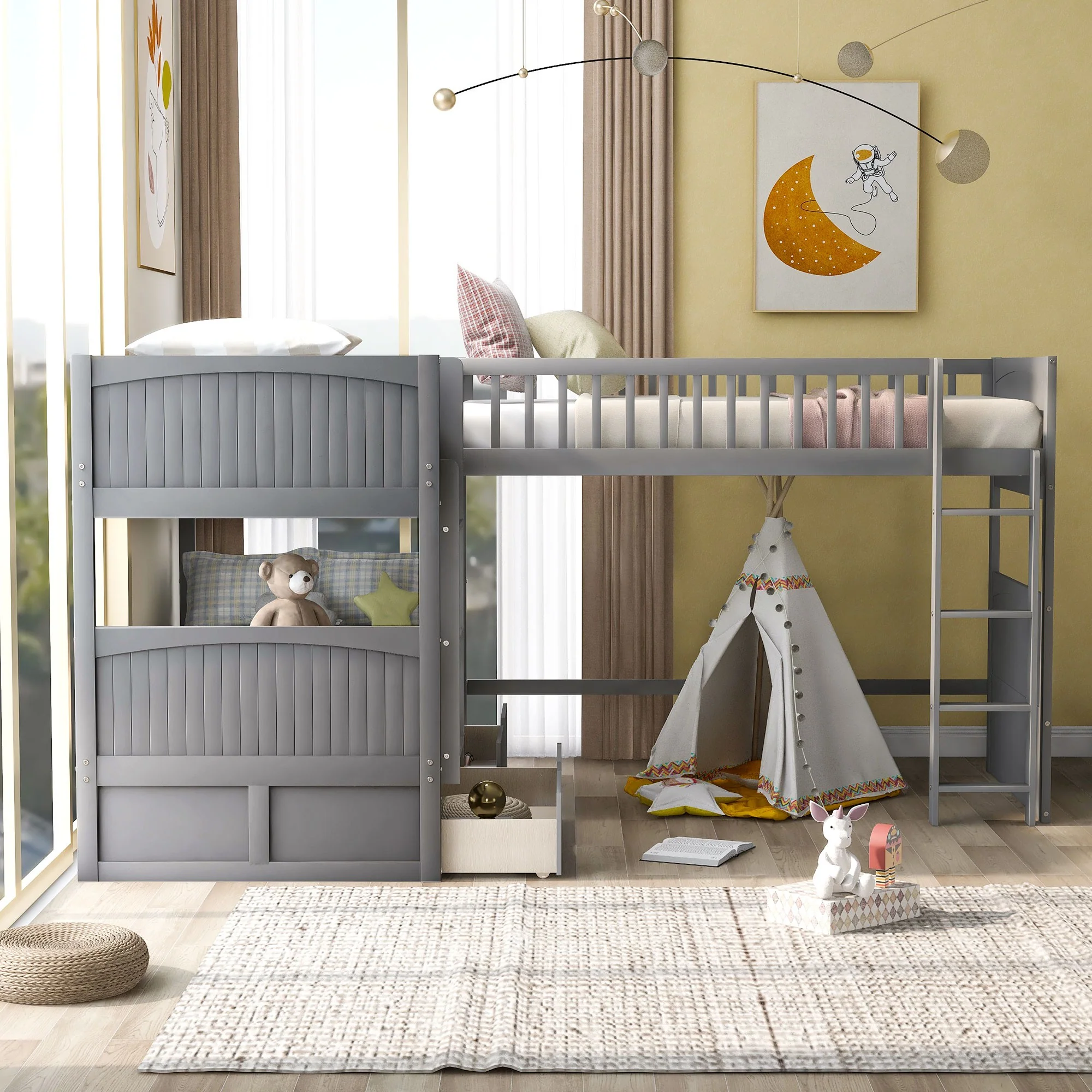 White Twin Size Bunk Bed With Attached Loft Bed And Drawers By Homeroots - Image 13