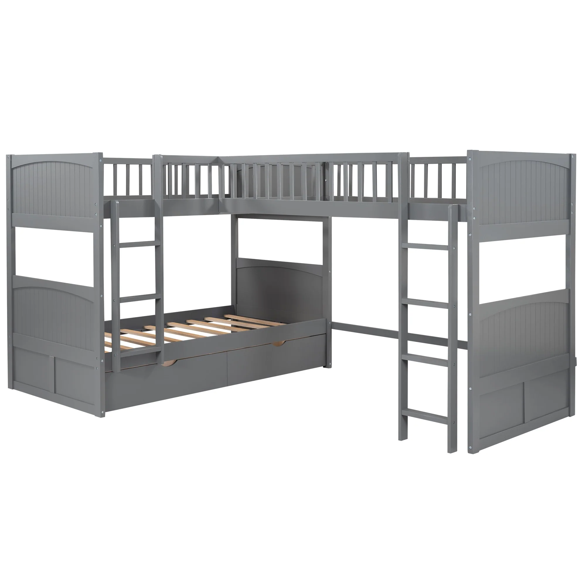White Twin Size Bunk Bed With Attached Loft Bed And Drawers By Homeroots - Image 16