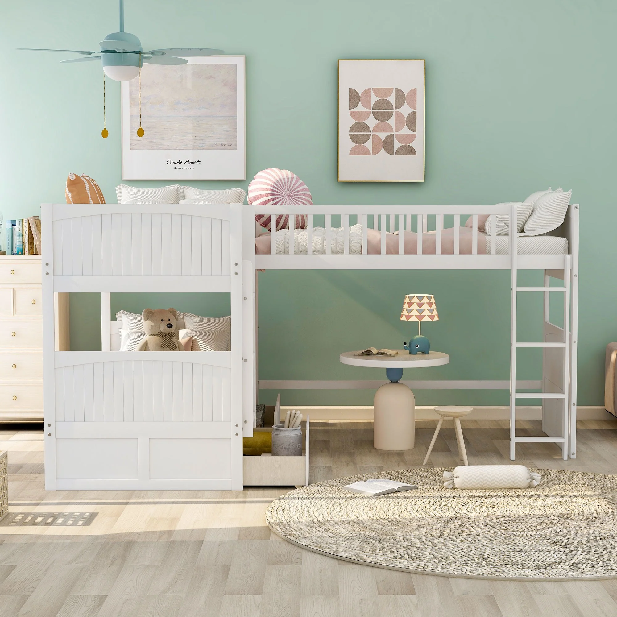 White Twin Size Bunk Bed With Attached Loft Bed And Drawers By Homeroots - Image 2