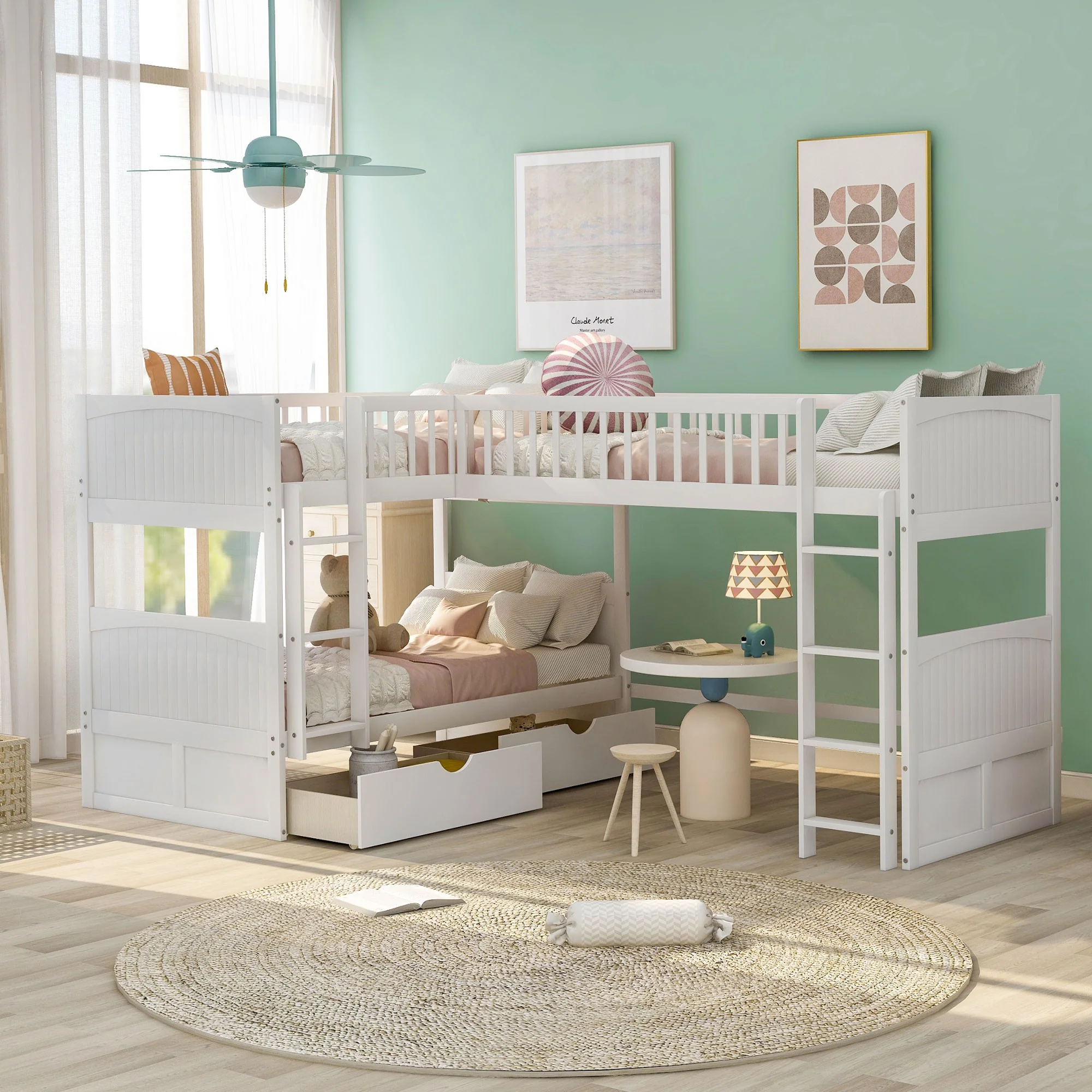 White Twin Size Bunk Bed With Attached Loft Bed And Drawers By Homeroots - Image 3