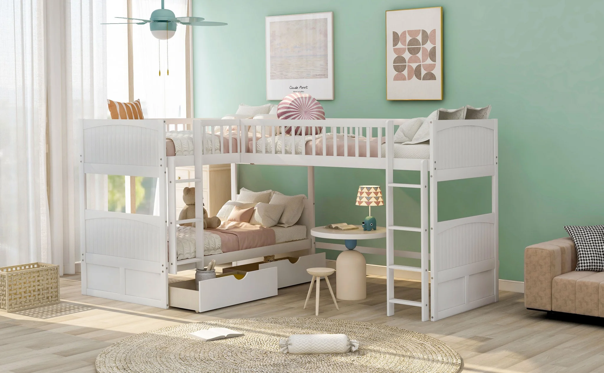 White Twin Size Bunk Bed With Attached Loft Bed And Drawers By Homeroots - Image 4