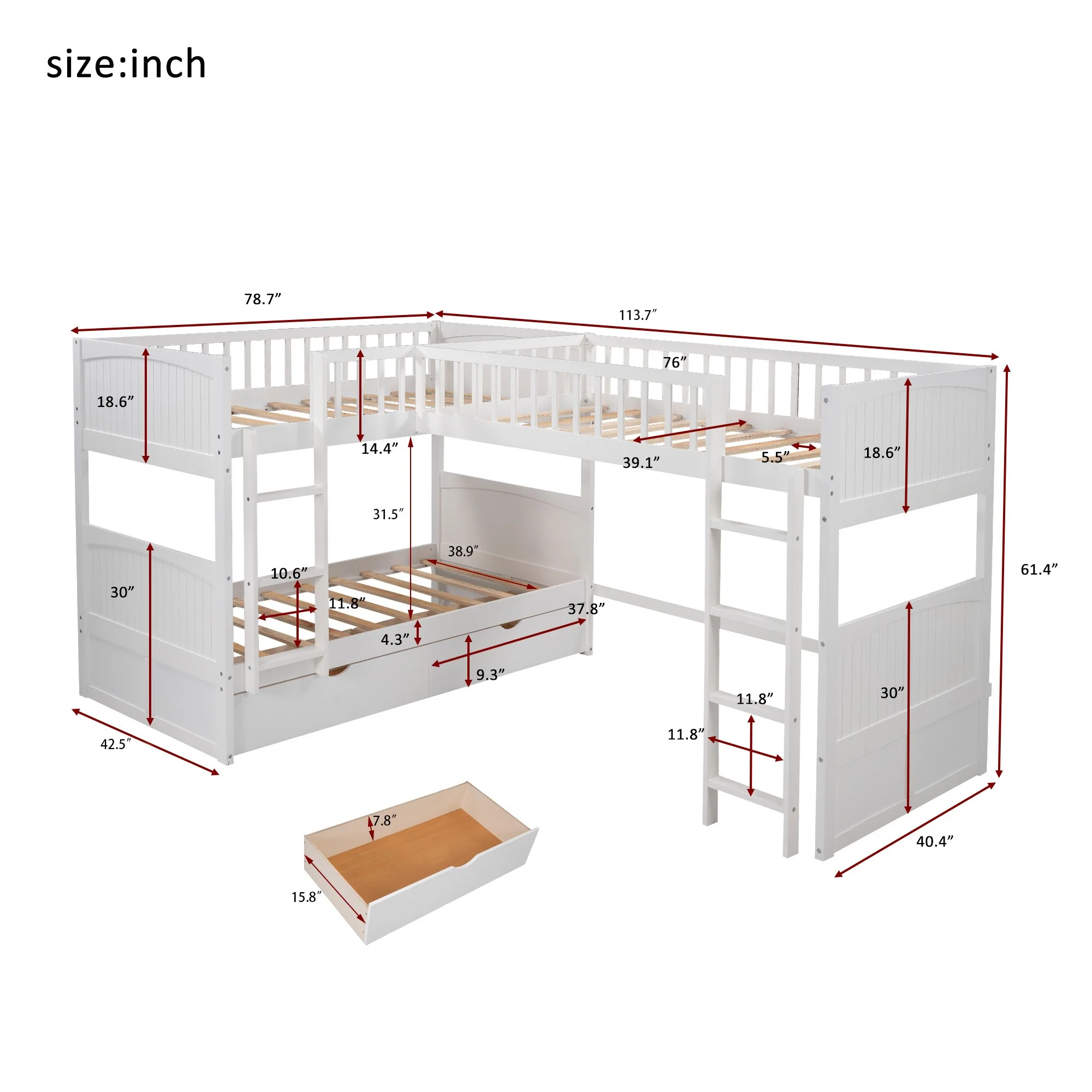White Twin Size Bunk Bed With Attached Loft Bed And Drawers By Homeroots - Image 6