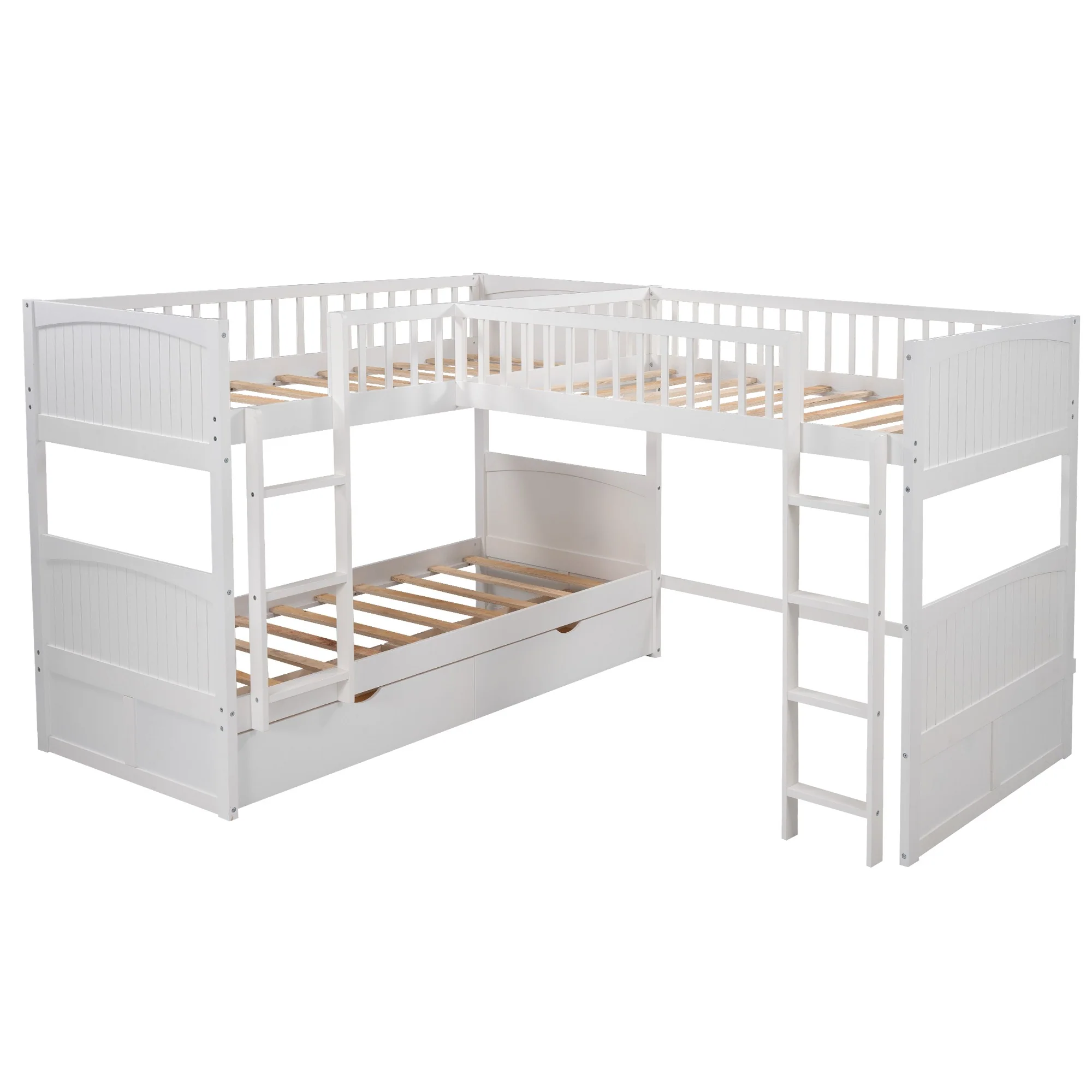 White Twin Size Bunk Bed With Attached Loft Bed And Drawers By Homeroots - Image 8