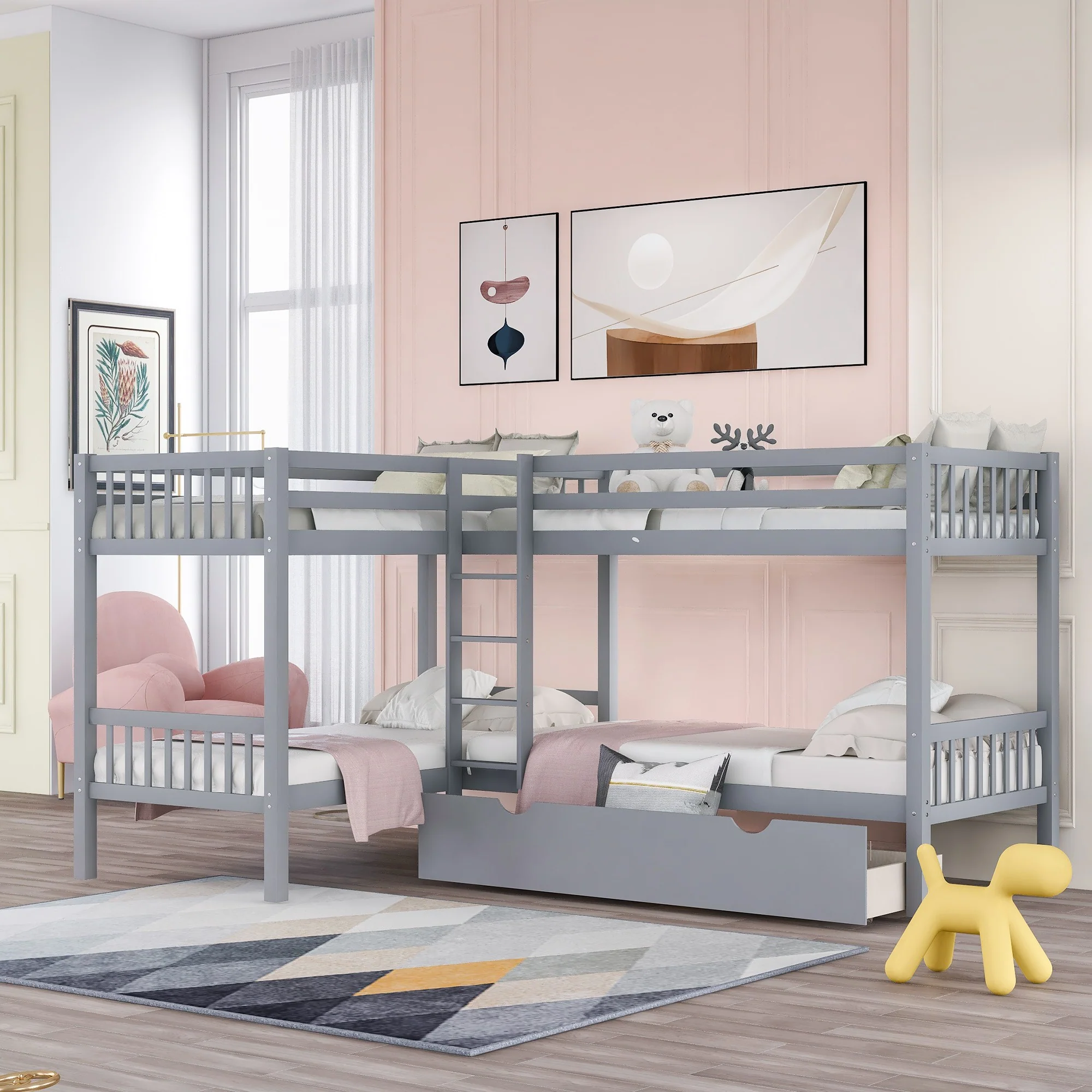 White Twin Size L Shaped Double Bunk Bed With Drawer By Homeroots - Image 10