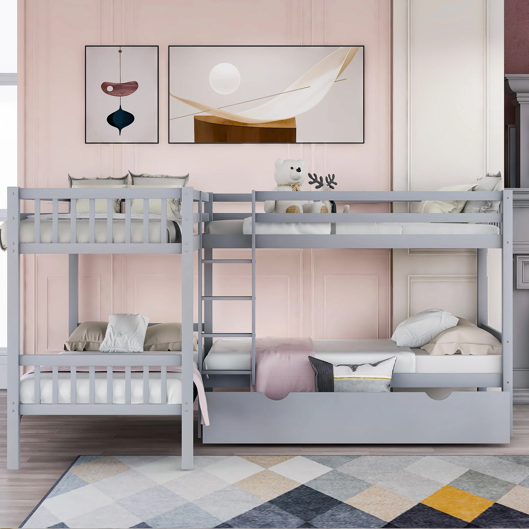 White Twin Size L Shaped Double Bunk Bed With Drawer By Homeroots - Image 12