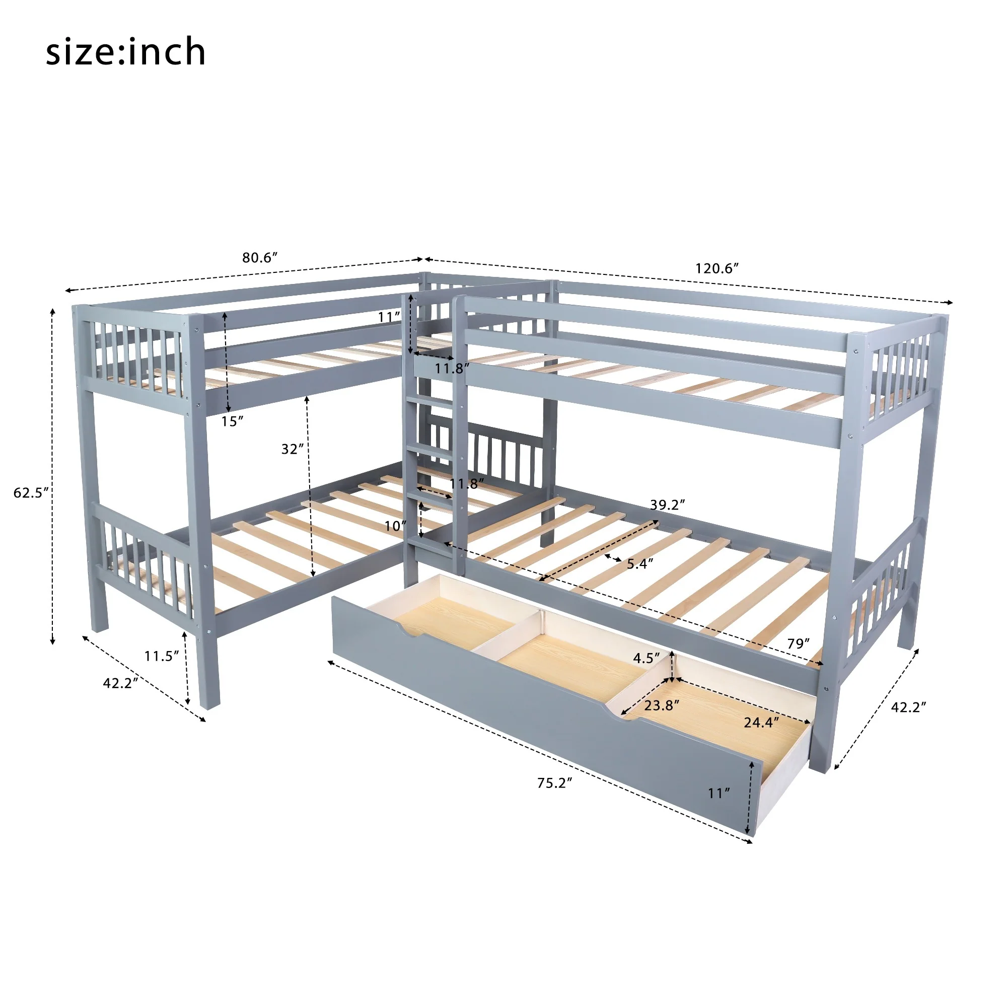 White Twin Size L Shaped Double Bunk Bed With Drawer By Homeroots - Image 14