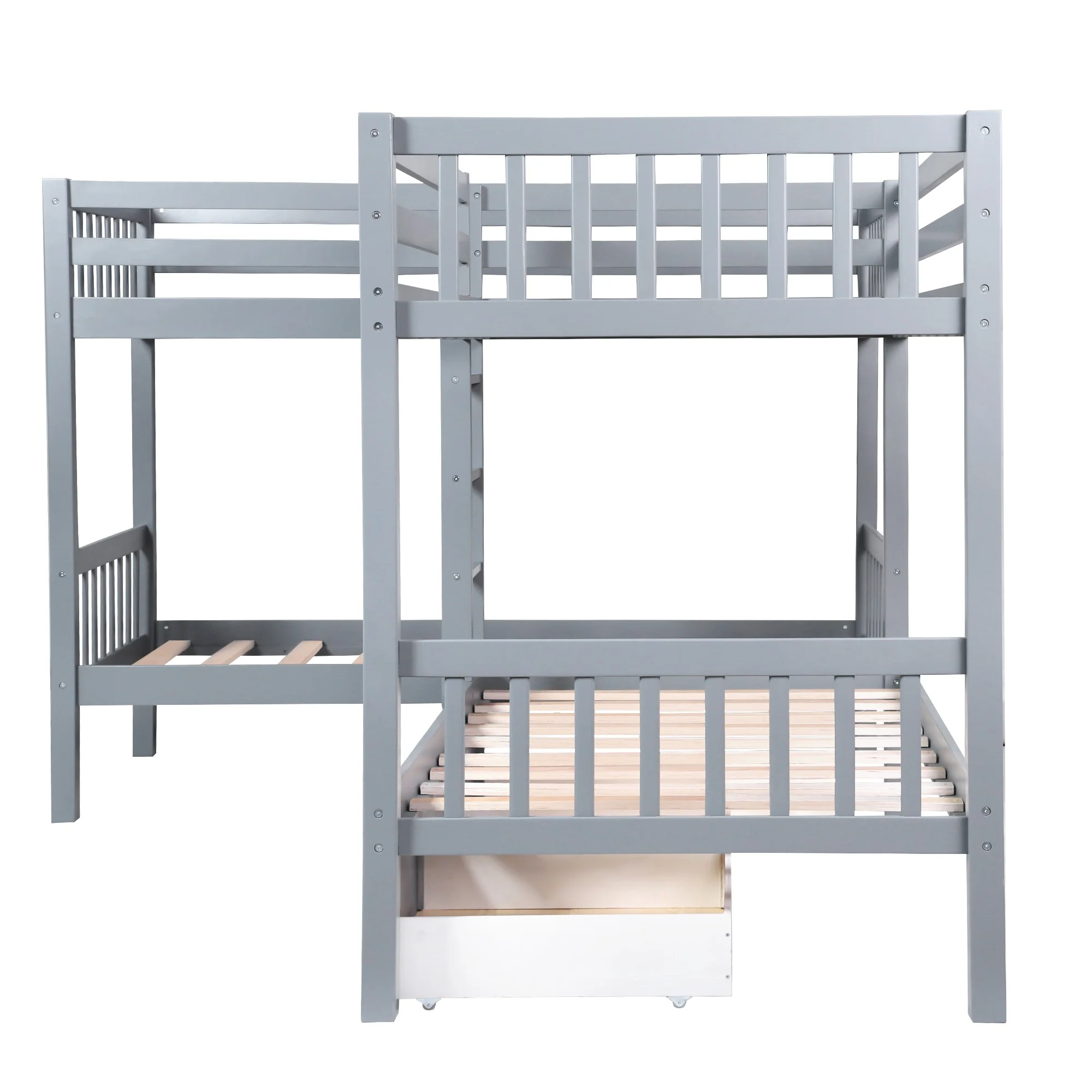 White Twin Size L Shaped Double Bunk Bed With Drawer By Homeroots - Image 16