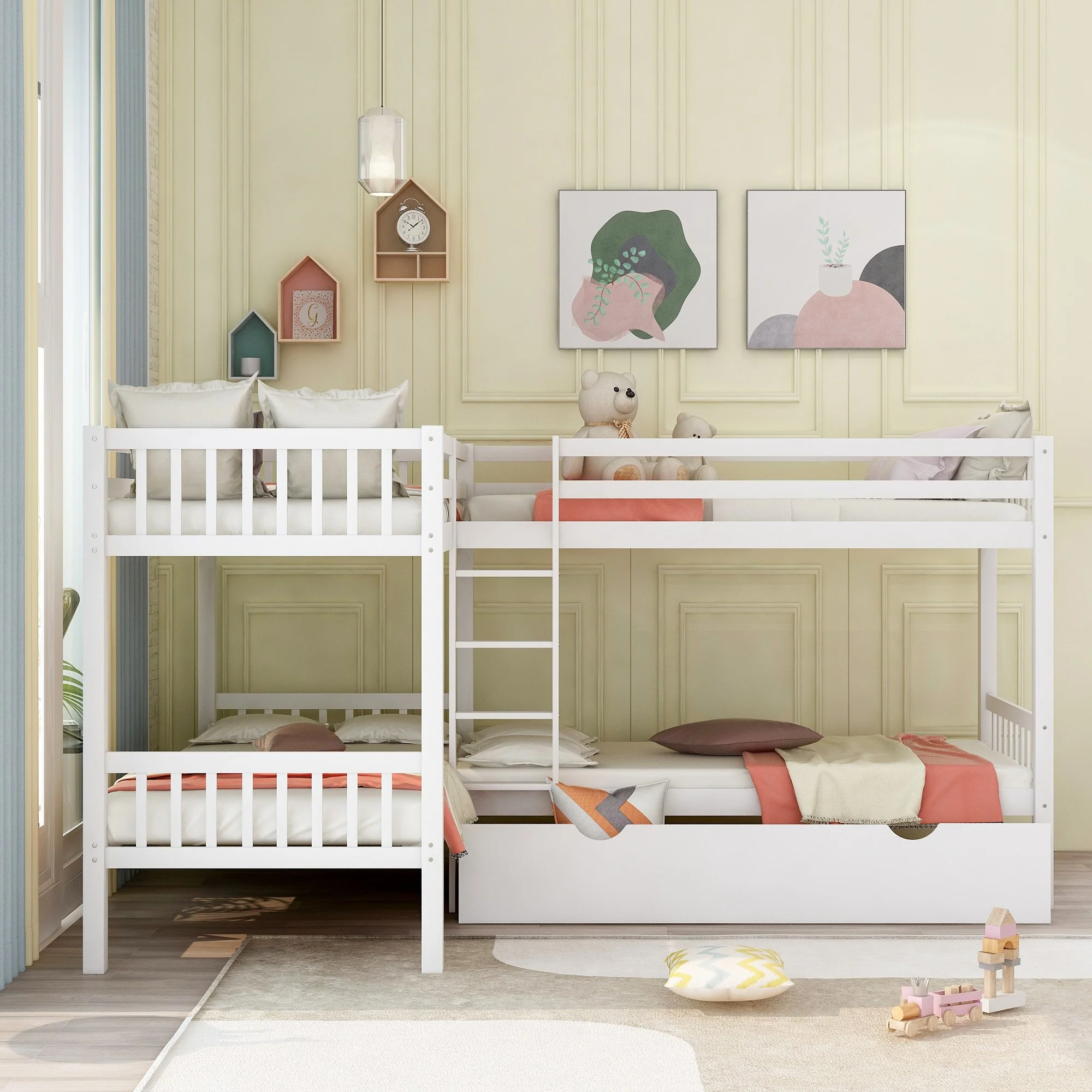 White Twin Size L Shaped Double Bunk Bed With Drawer By Homeroots - Image 2