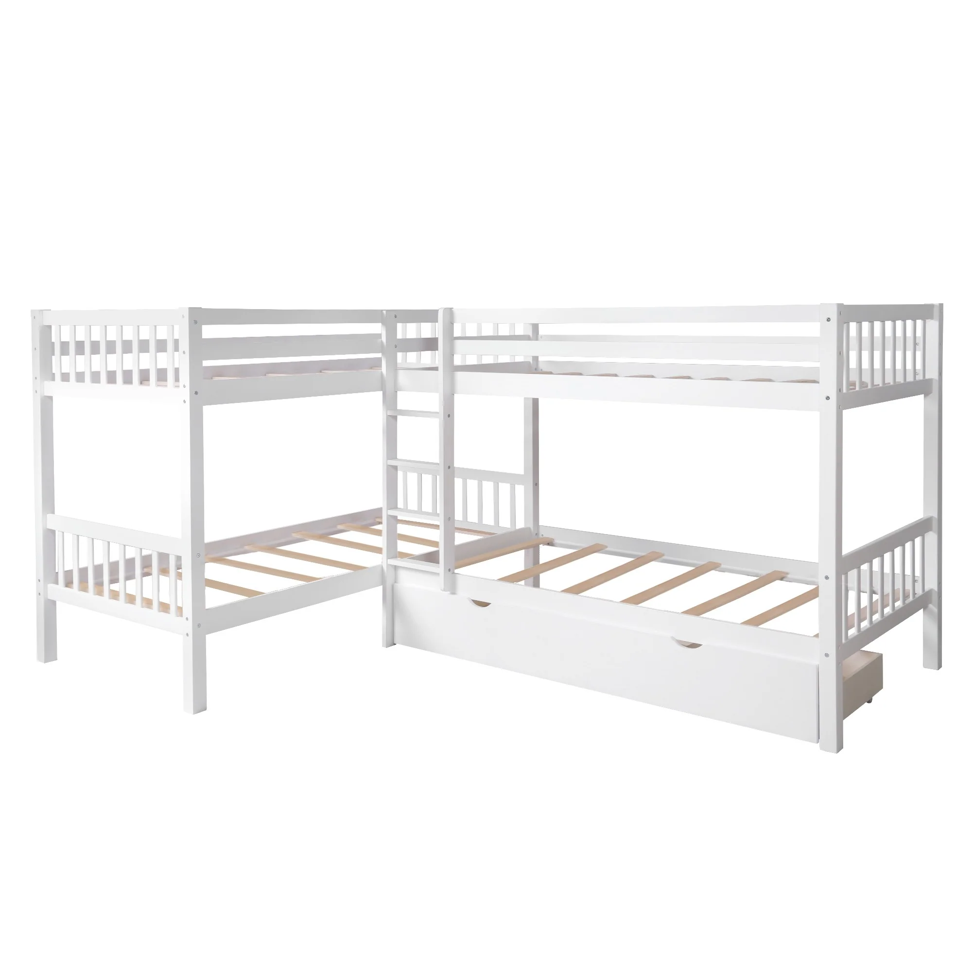 White Twin Size L Shaped Double Bunk Bed With Drawer By Homeroots - Image 3